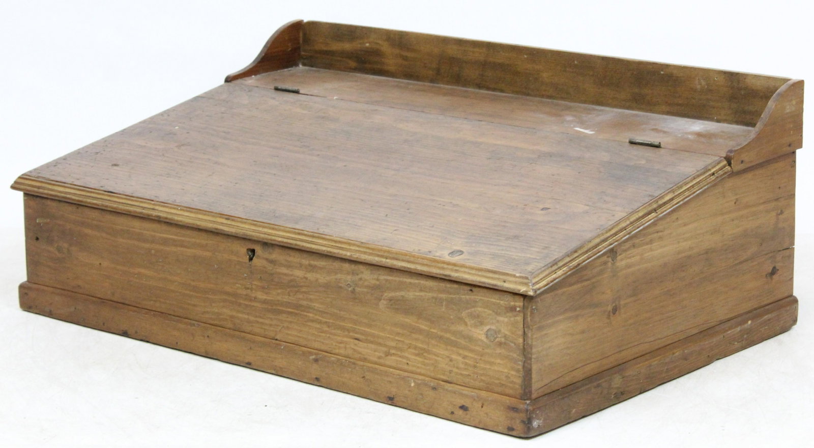19th c. Refinished Pine Countertop Clerk's Desk: 19th c. refinished pine countertop clerk's or stationmaster's countertop desk with lift top storage compartment and slanted writing surface 14" x 24" x 36"