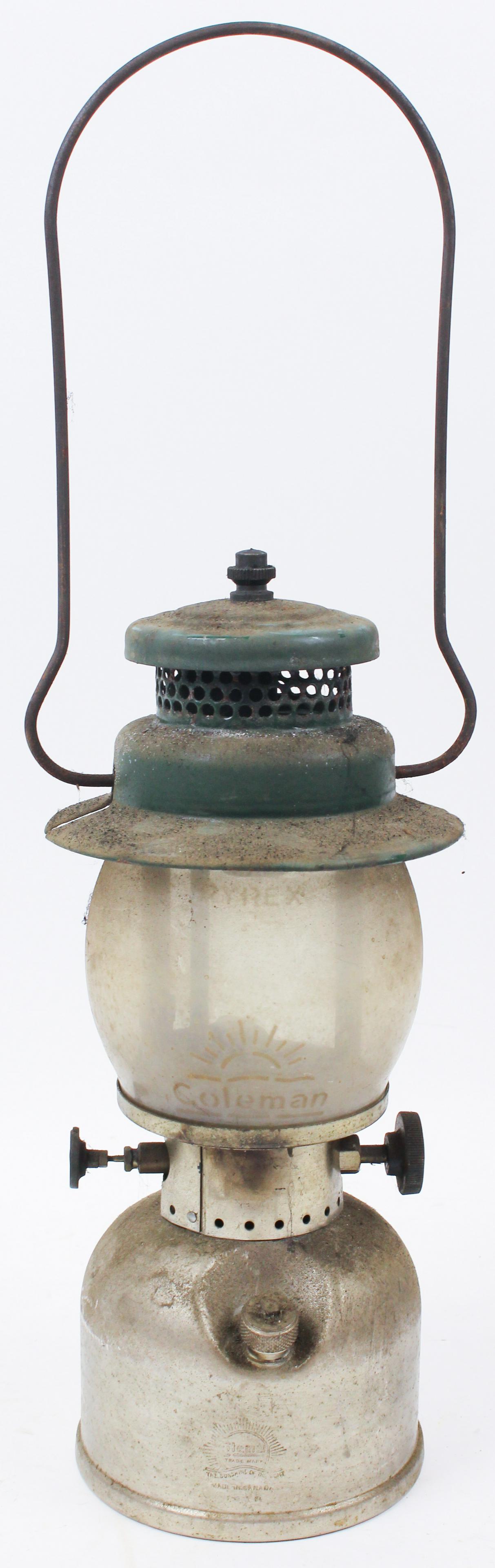 Rare Coleman Canada Model 237 Lantern: Rare early manufacture Coleman 237 lantern, date stamped 34, nickel plated base stamped "The Sunshine of the Night", "Made in Canada", original etched shade with Coleman Sunrise logo, also has Pyrex e