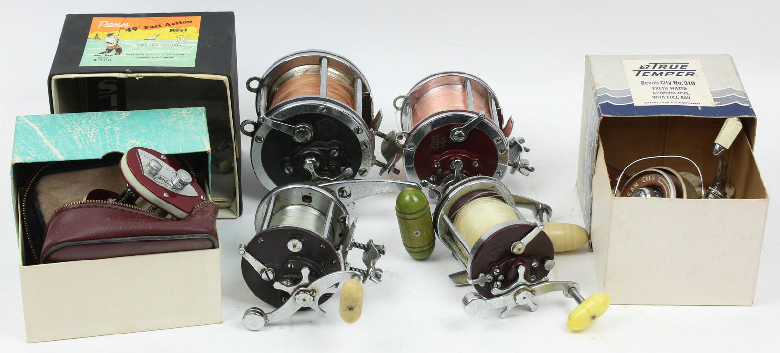 Vintage Casting Reels, Boxes: Vintage casting reels, boxes, including Penn Senator 6/0, Penn Senator 113H 4/0, Penn Squidder 140, Penn Peer 209, Penn 49 box, J A Coxe Invader 26 with box, Ocean City 310 with box (6 reels)