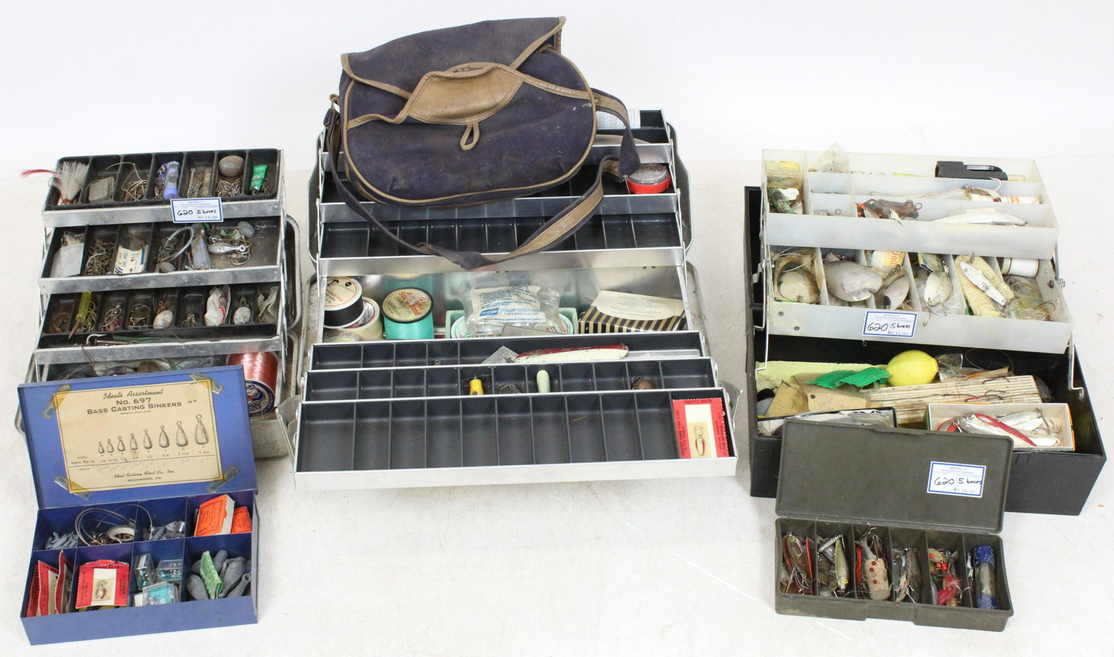 Vintage Fishing Tackle Boxes: Vintage fishing tackle boxes, spoons, lures, lead weights, hooks, etc