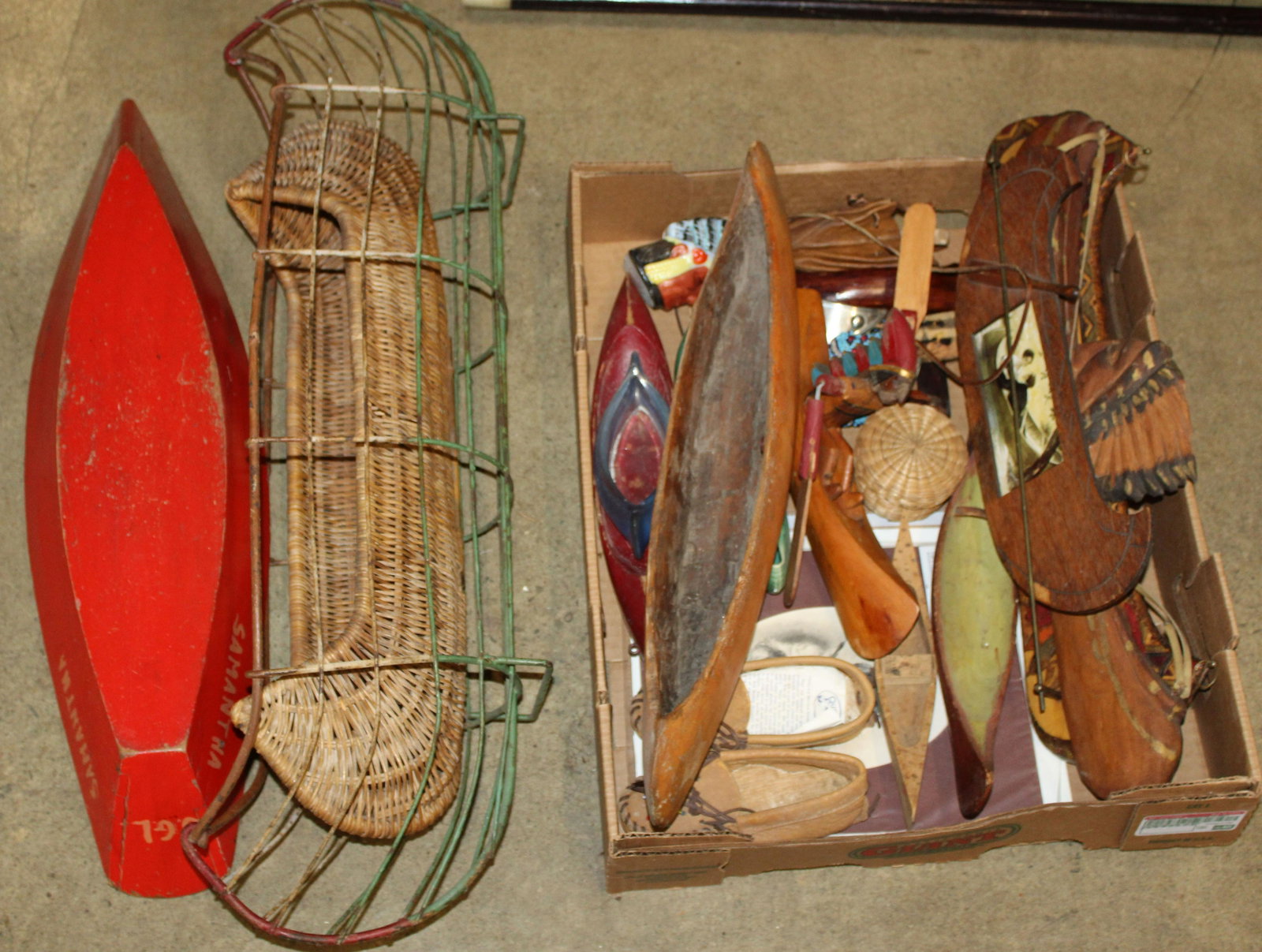Collection of Souvenir Canoes: Collection of Souvenir Canoes and decorative birch bark accessories, Three adirondack birch bark lampshades , two boxes, Model lodges, many in inauthentic First Nations Styles.