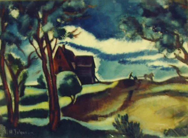 11x14 " w/c titled "The Farm" signed W.H. Johnson (: 11x14 " w/c titled "The Farm" signed W.H. Johnson (1901-1970)