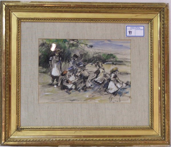 8" x12" w/c and graphite of children on beach signe: 8" x12" w/c and graphite of children on beach signed Issac Israels (1865-1943)