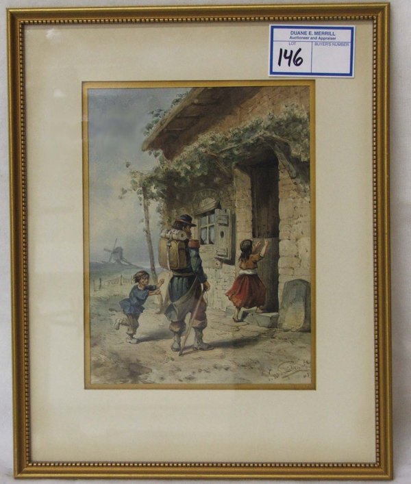 9" x 7" gouache of a Dutch soldier returning home: 9" x 7" gouache of a Dutch soldier returning home signed J Smits 43 (Jan Gerhard Smits NL 1823-1910)