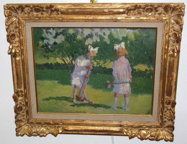 10" x 13" o/b titled "Croquet New Haven CT" 1916 : 10" x 13" o/b titled "Croquet New Haven CT" 1916 singed William Starkweather