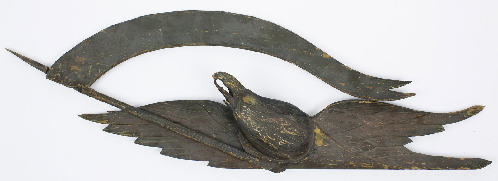 19th c Carved Bellamy Eagle: 19th c carved and painted Eagle plaque attributed to John Haley Bellamy (1836-1914), ex. Christie's auction April 26, 1989, old break in spear shaft seperated from ribbon banner at one end, length 30"