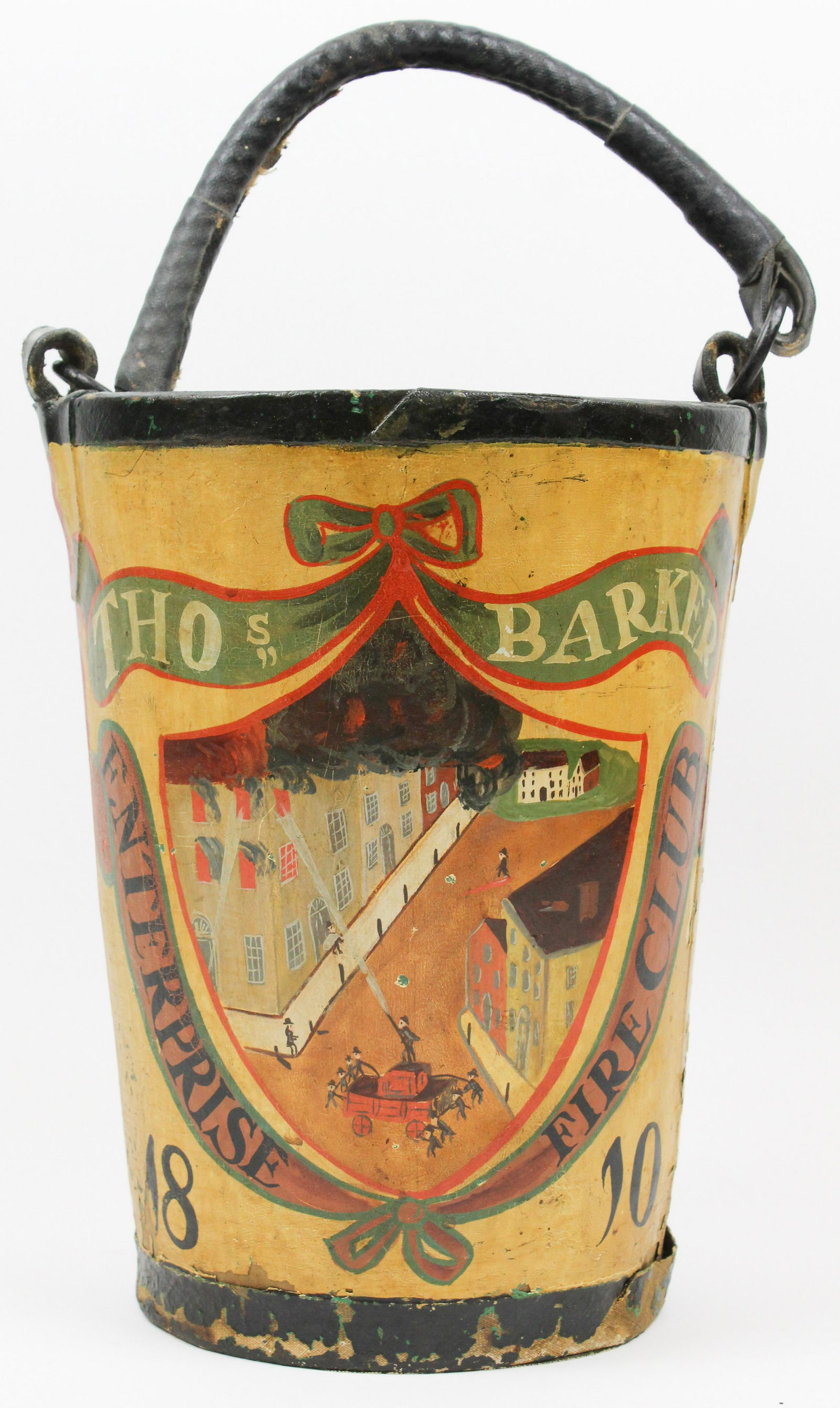 19th c Enterprise Fire Club Fire Bucket: 19th c Thomas Barker Enterprise Fire Club fire bucket (Salem, Massachusetts founded 1810), cloth over hard fiber material, losses, paint flaking, ht 12"