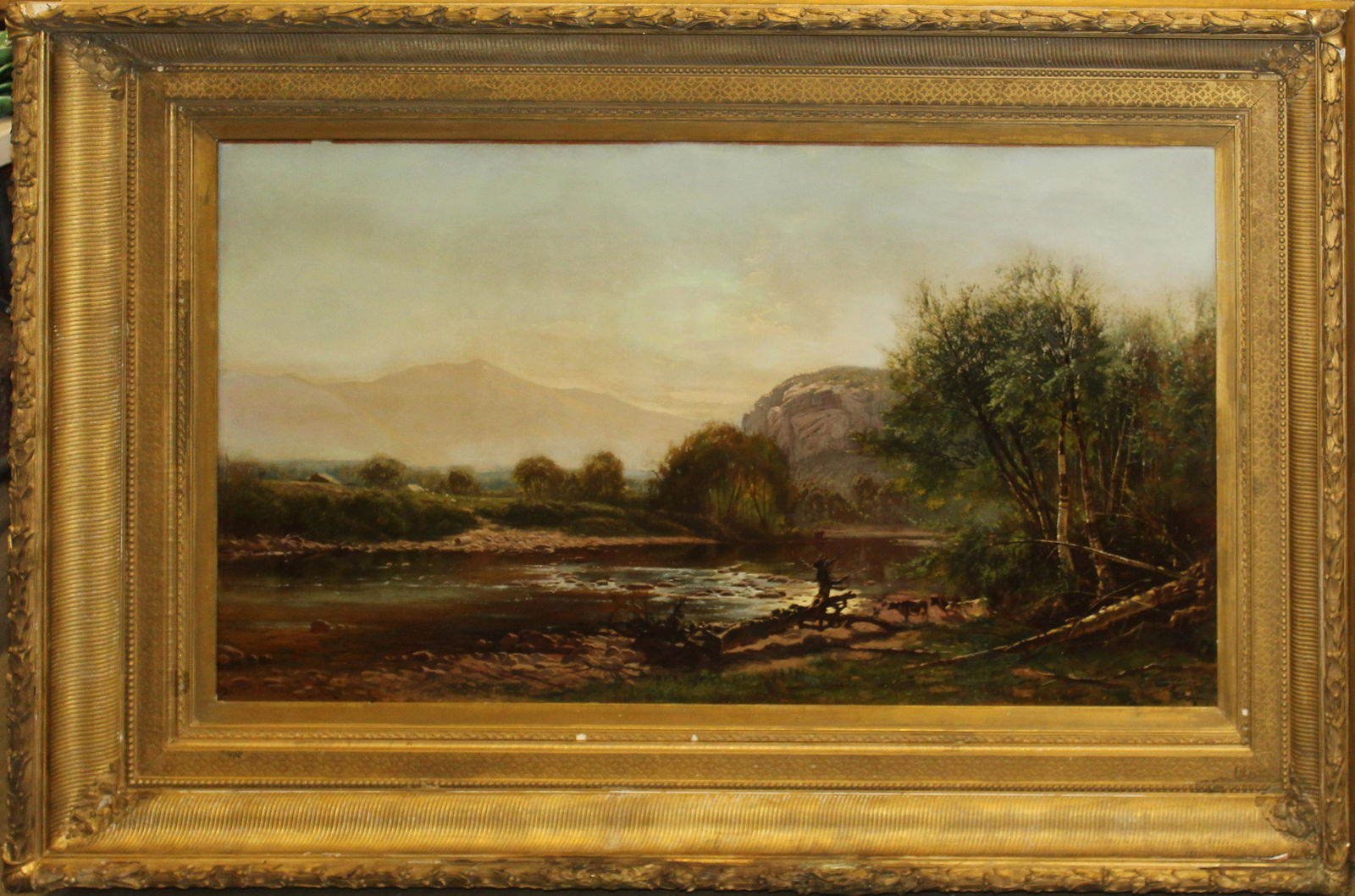 Ernest Parton (AM 1845-1933) Saco River, ME: Ernest Parton (American 1845-1933) Landscape painted on the Saco River Maine, Oil on canvas 30 x 50" with resplendent gilt gesso frame. Minor losses to frame. Signed lower right dated 1871