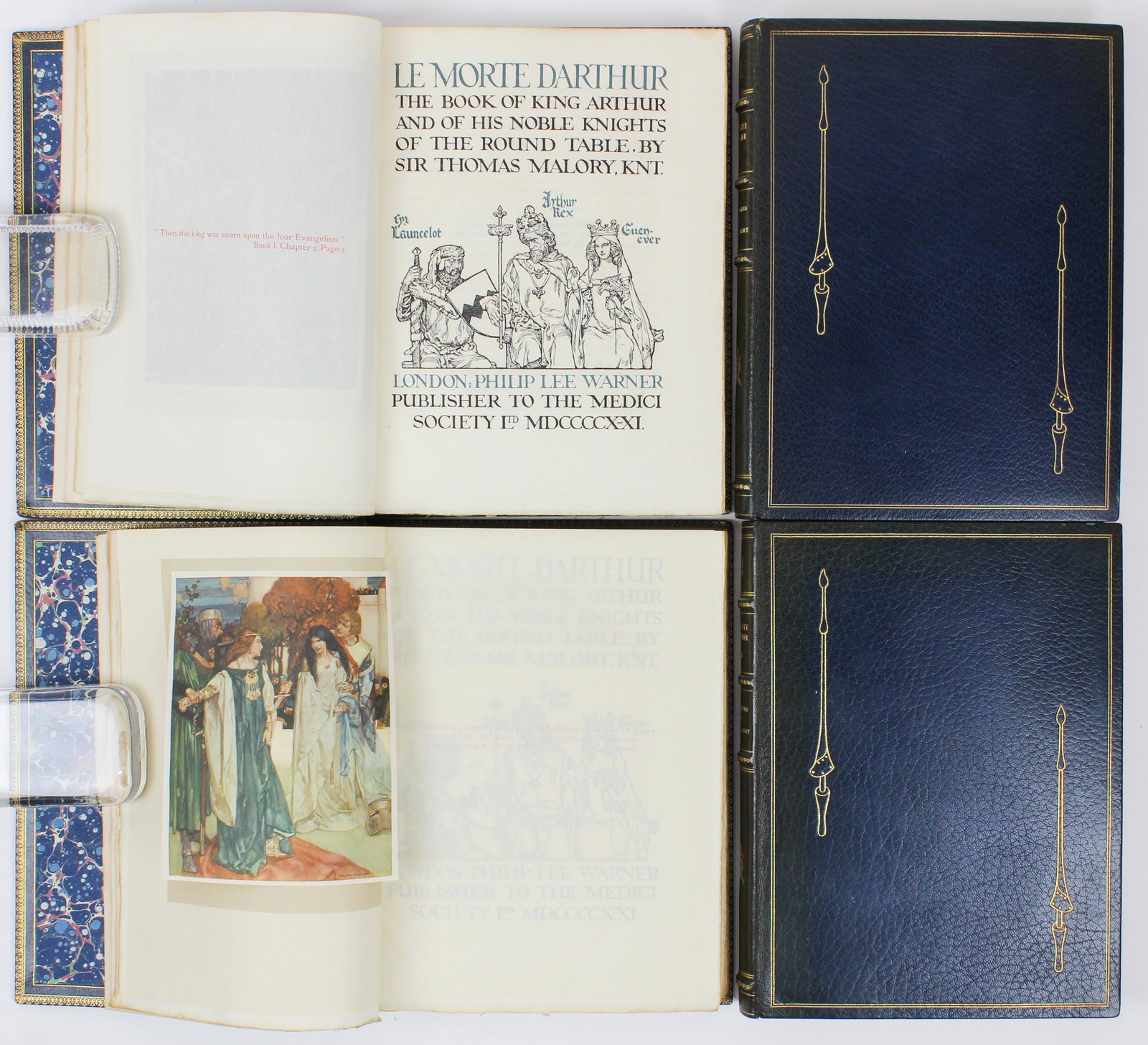 1921 Sir Thomas Malory Le Morte D'Arthur: 1921 Le Morte D'Arthur, the Book of King Arthur and his Noble Knights of the Round Table, by Sir Thomas Malory (4 vols), illustrated by Sir William Russell Flint, Riccardi Press, published in London b