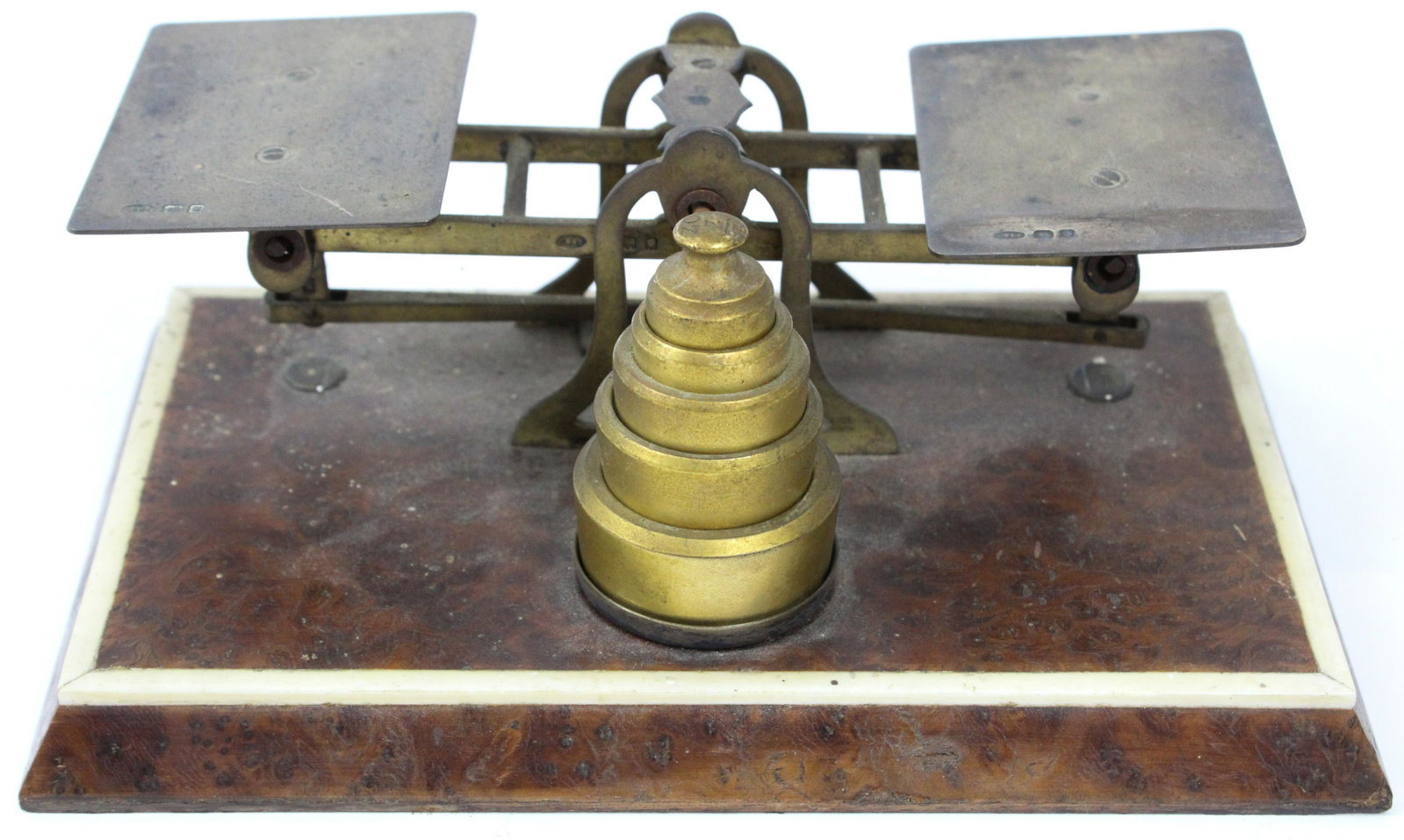 English Edwardian Silver & Brass Scale: Fine English Edwardian silver & brass desktop/postal scale, marked with hallmarks for G B & S, London, date mark 1928, burl base, length 7" -descending in the family of J. Pierpont Morgan
