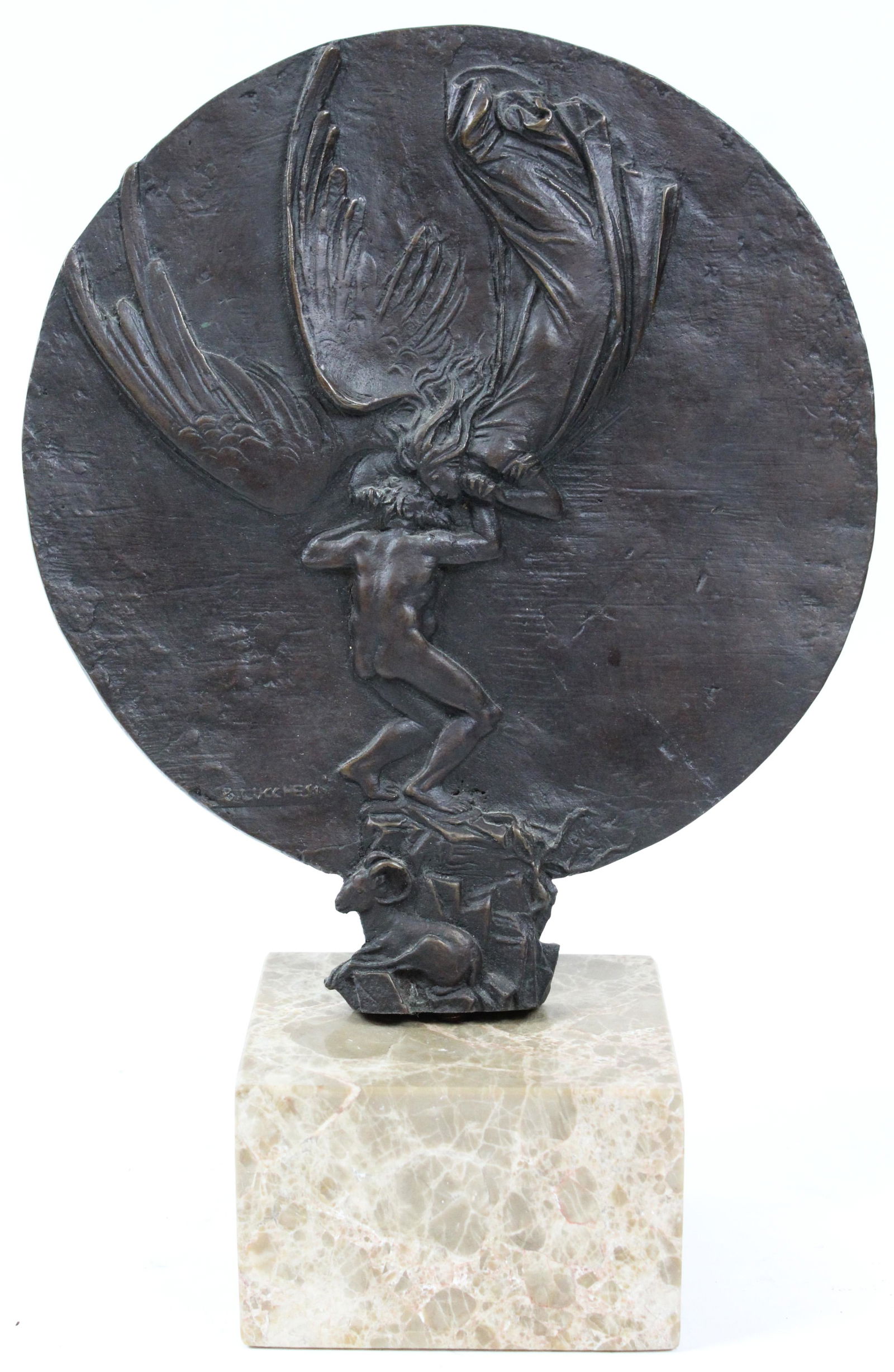 Bronze Jacob & the Angel Signed B Lucchesi: Bronze plaque "Jacob & the Angel" signed B Lucchesi (Bruno Lucchesi, Italian, b. 1926), on marble base, overall ht 10", diameter 7"