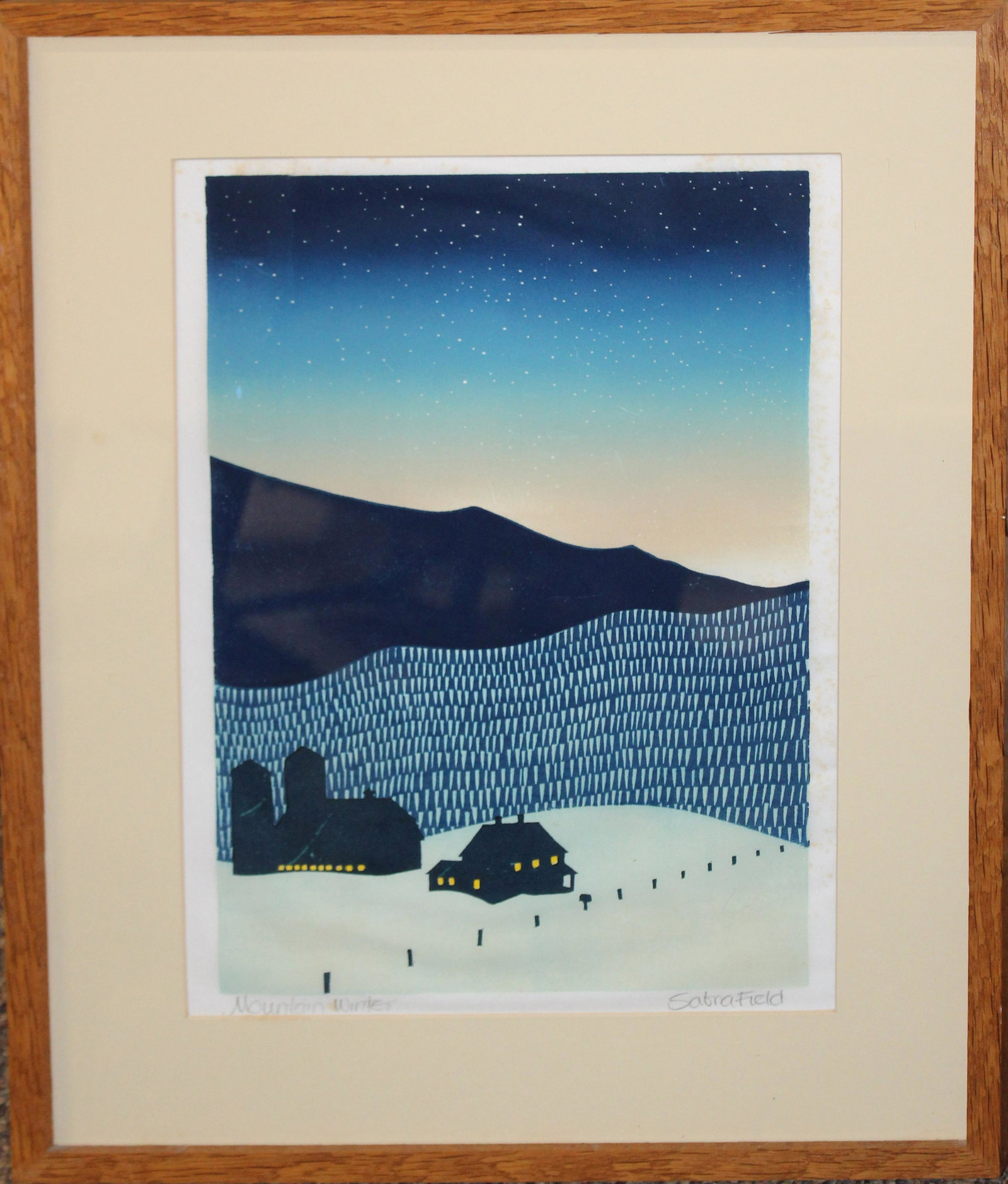 Sabra Field (VT 1935-) Mountain Winter: Sabra Field (Vermont 1935-) Mountain Winter woodblock print on paper, two tears mild foxing, some scuffs in main field - plate 14 x 10"