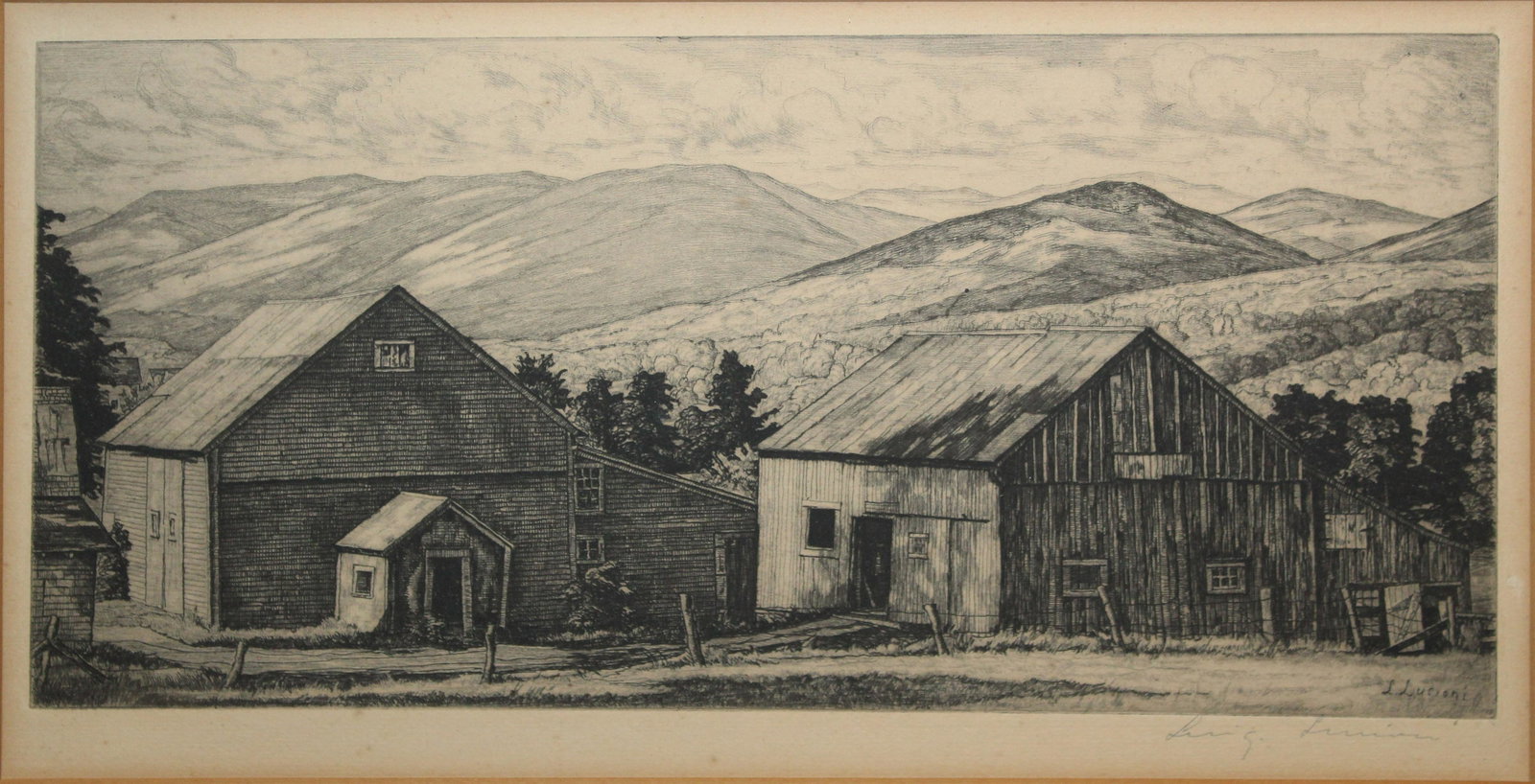 Luigi Lucioni (VT 1900-1988) Weathered Barns: Luigi Lucioni (Vermont 1900-1988) Weathered Barns etching on paper signed lower right published by Associated American Artists NY plate 6 x 12"