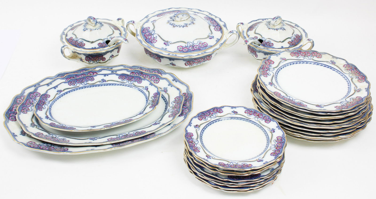 26 pcs. The Bursae Potteries Dinnerware: 26 pcs. The Burslem Potteries English late Victorian dinnerware with cobalt flow blue and floral transfer decoration including serving platters, covered serving dishes, etc.