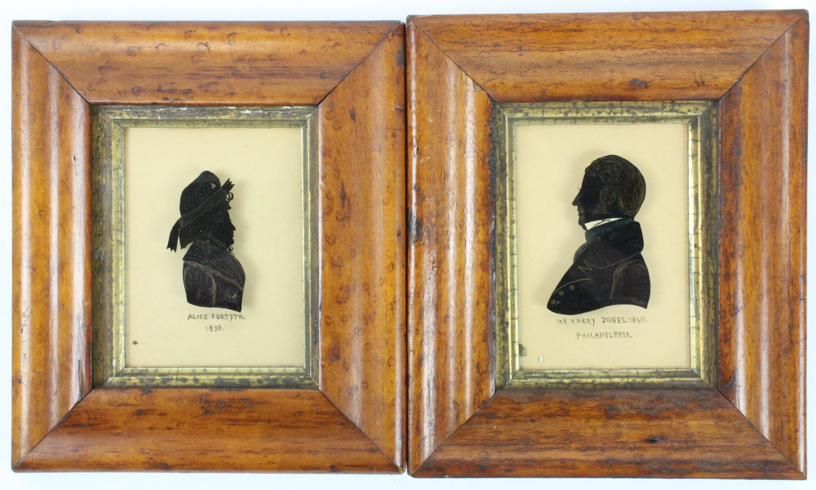 Philadelphia Reverse Painted Silhouettes: Pair of Philadelphia reverse painted silhouettes- Mr Harry Jones 1840, Alice Forsyth 1830, both in figured maple frames, overall size 7 3/4" x 6 1/2"