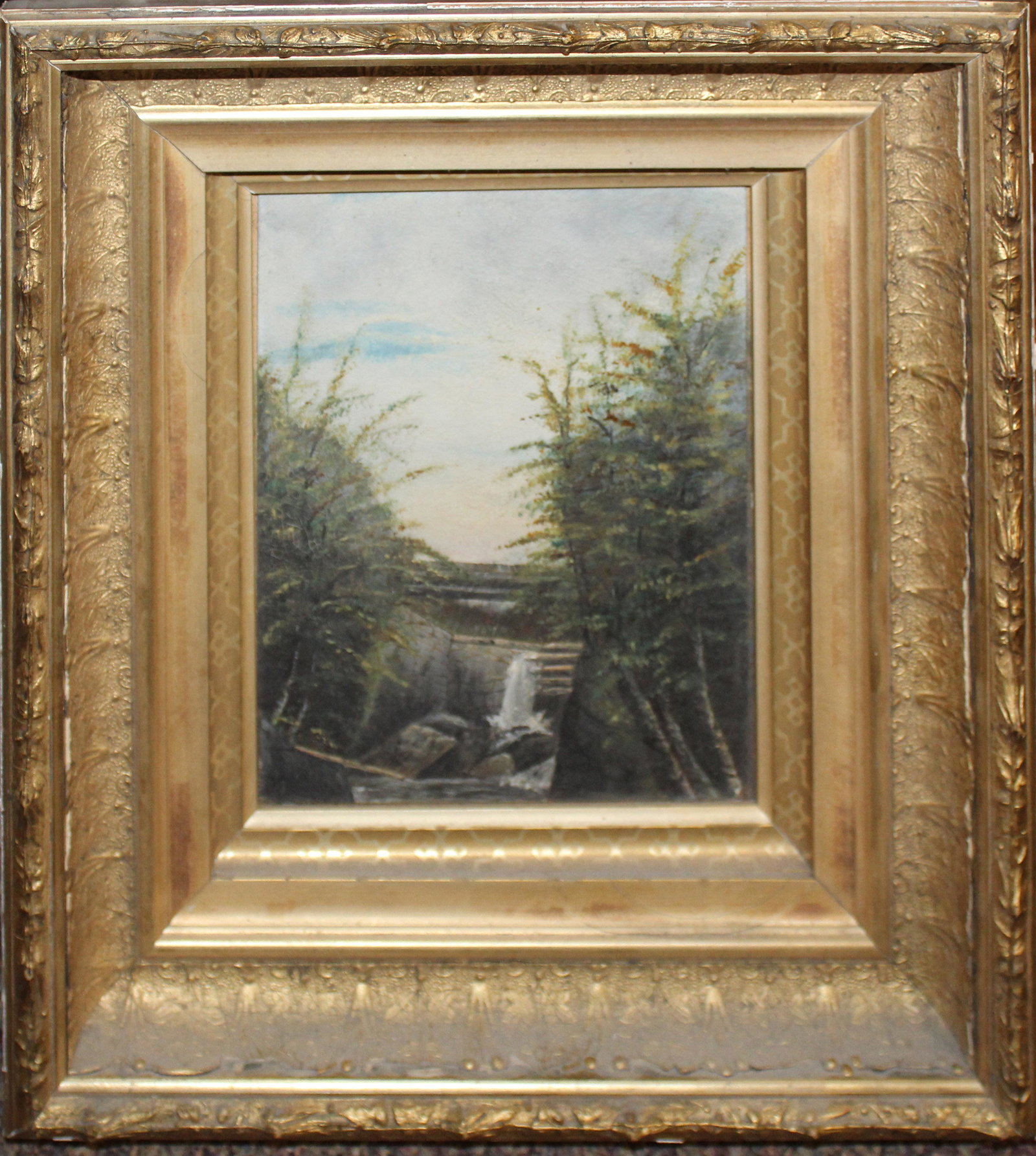 19th c Hudson River School landscape: 19th c Hudson River School landscape featuring covered bridge and waterfall. Oil on canvas 7 x 9"