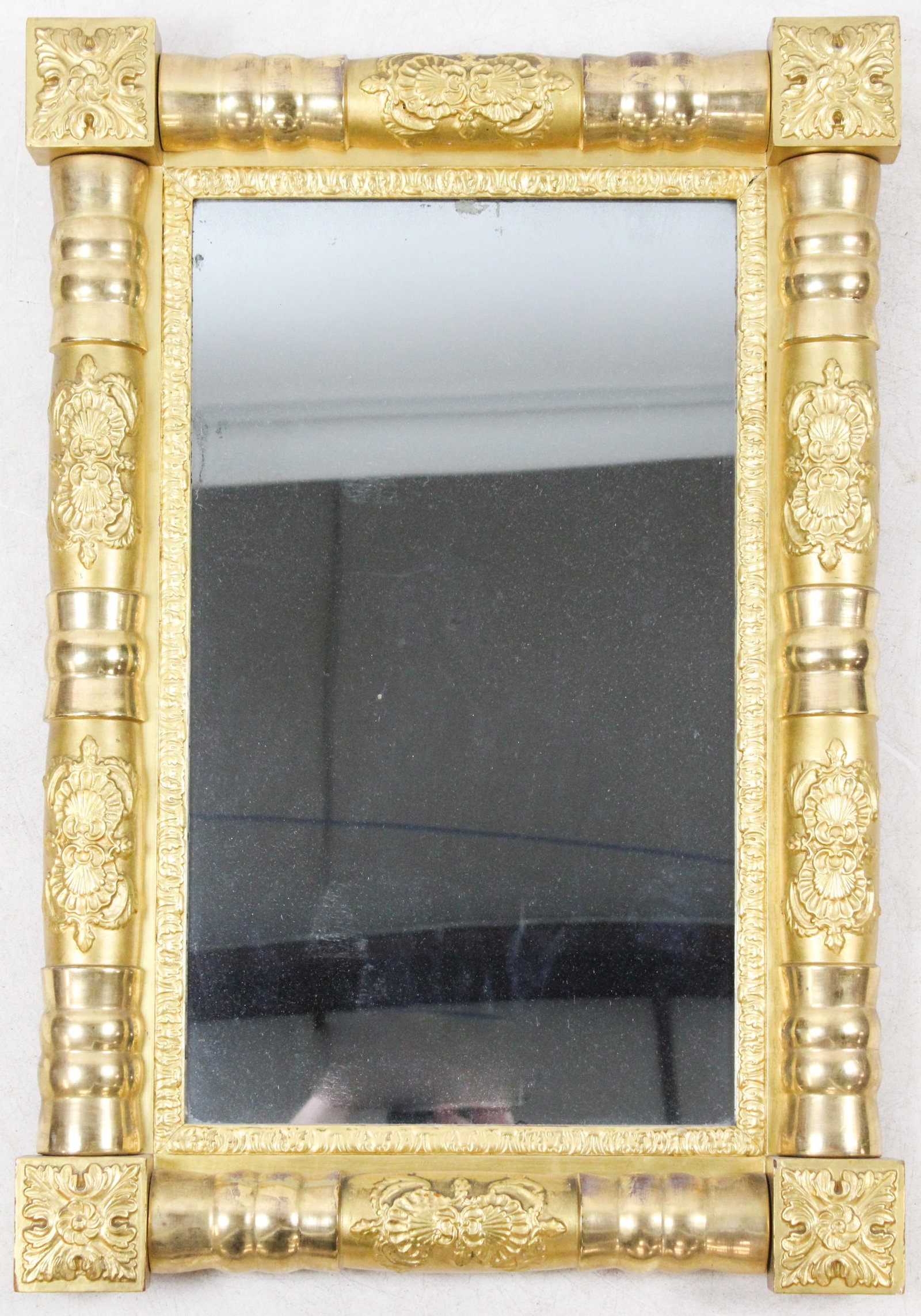Early 19th c Lemon Gilt Split Column Mirror: Early 19th c lemon gilt split column mirror, appears to have original glass, 29" x 20"