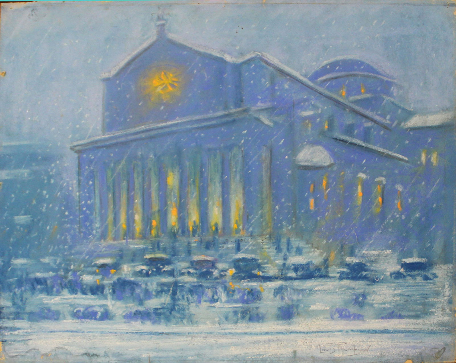 Louis Thompson (1868-1933): George Louis Thompson (AM 1868-1933) Circa 1920 Winter pastel of church at night 16 x 20"