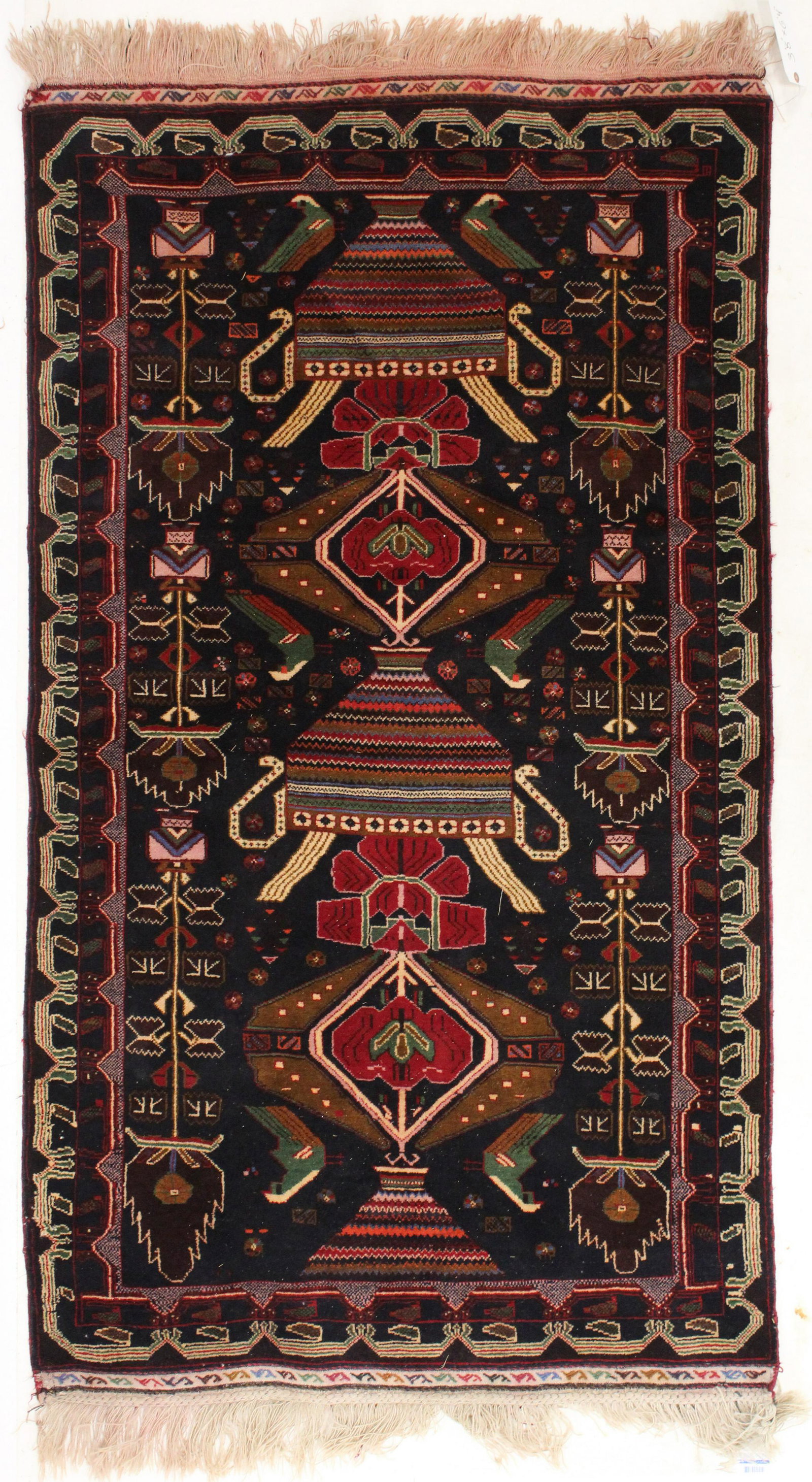 Late 20th c Turkish/ Afghani Area Rug: Late 20th c Turkish/ Afghani area rug, vases and birds design, some color runs, 3' 8" x 6' 4"