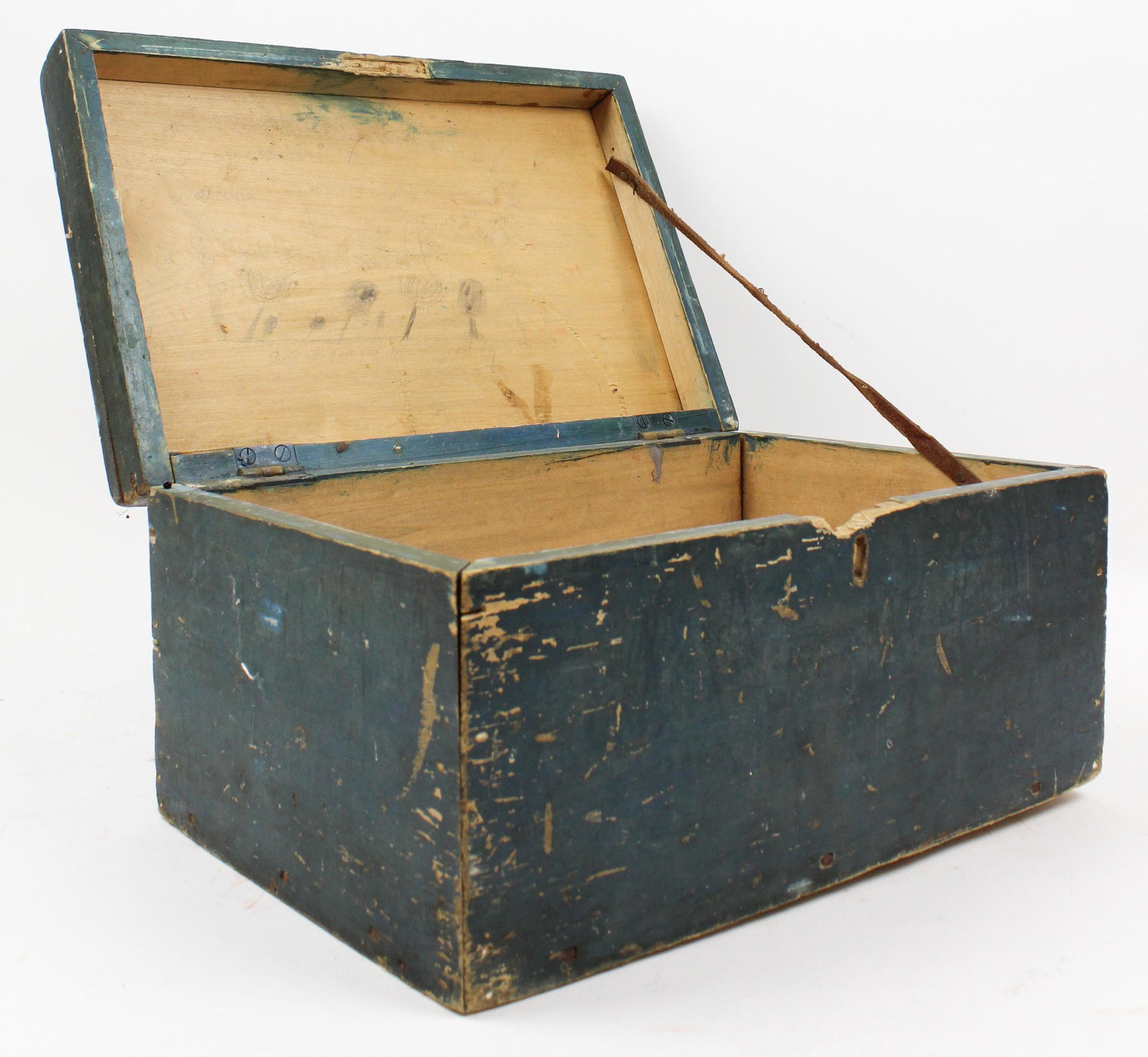 19th c Small Vermont Box in Old Blue Paint: 19th c small wooden box in old blue paint, with pencil inscription under lid- "George A Driver Charleston July 1 1866 Do Not Forget Me Good By", some paint losses on lid, leather strup disattached on 