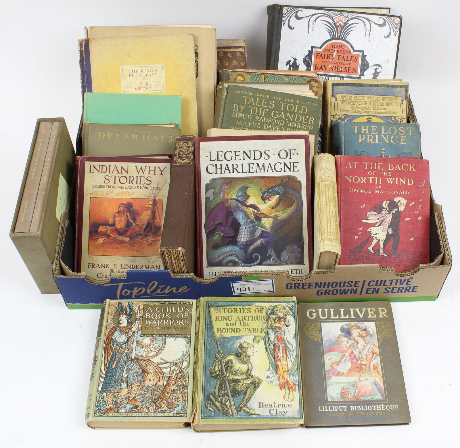 Early- Mid 20th c Children's Books: Early- Mid 20th c children's books (18 pcs), including Maxfield Parrish, N C Wyeth, Howard Pyle illustrated, as well as a copy of Perrault's tales of Mother Goose by Barchilon (2 vols, slipcased), Mor