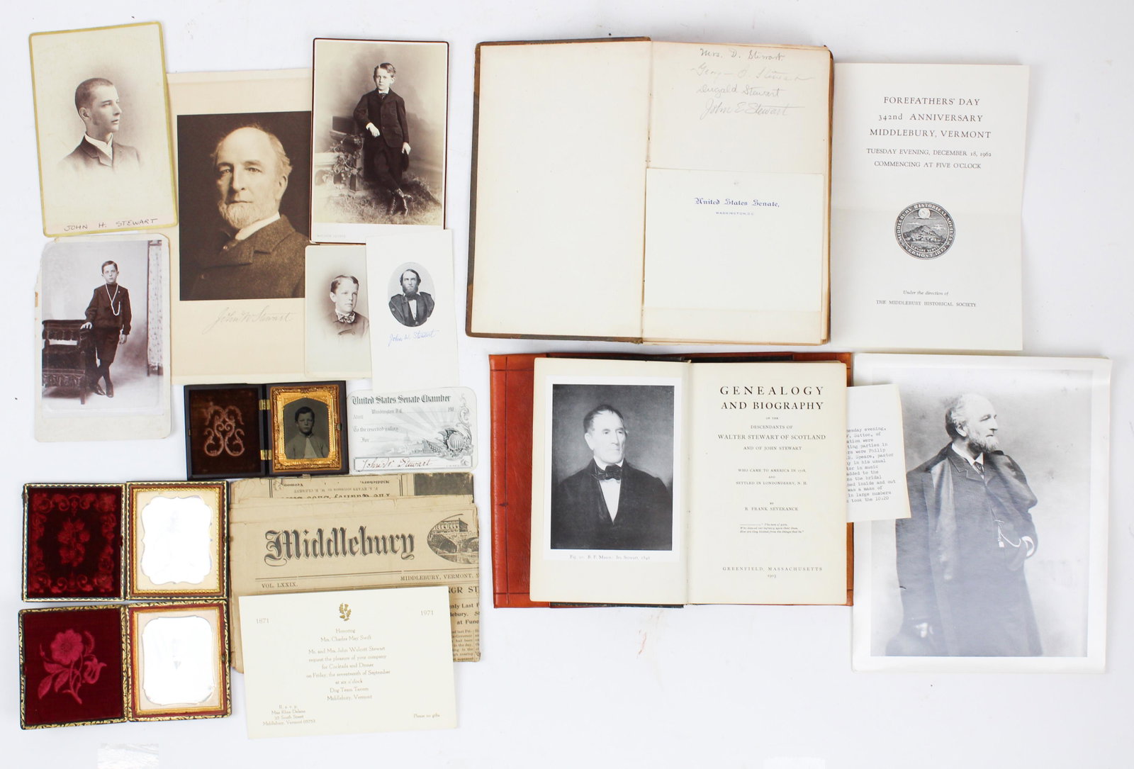 VT US Sen John W Stewart Books, Ephemera: Vermont US Senator John Wolcott Stewart books, genealogy, and ephemera, including his copy of 1859 Samuel Swift "History of Middlebury, VT", his 1863 Guide to the US Capitol with fold-out map, US Sena