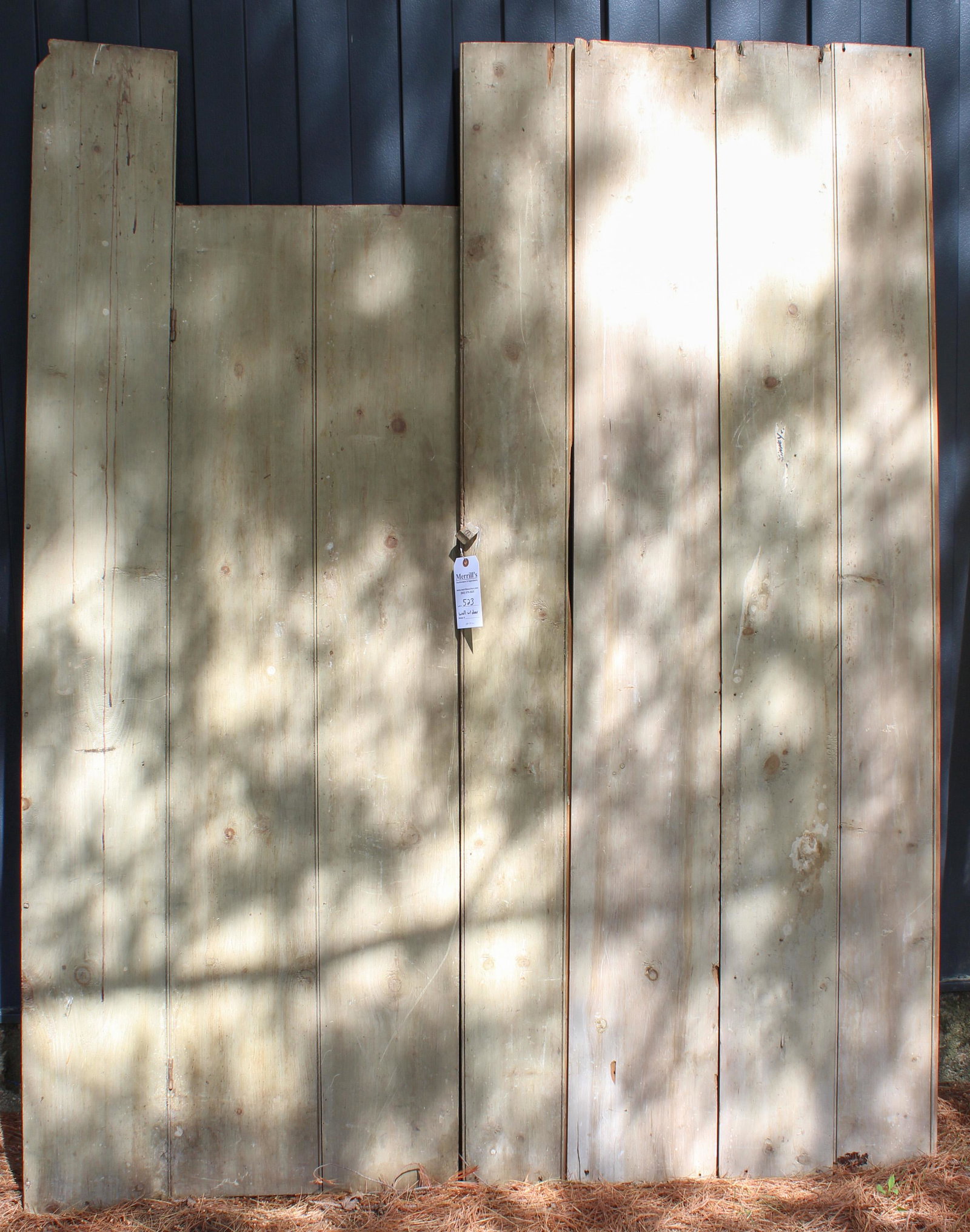 Wall and Doorway in Apple Green Paint: 18th- early 19th c wall with door in old light apple green paint, thumbnail mloded tongue & groove hand planed boards, width 67", ht 87"