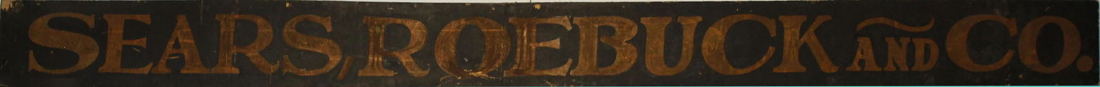 Mid 20th c Sears & Roebuck Store Sign: Mid 20th c hand painted Sears & Roebuck store sign, oil on masonite, length 17' (local pick-up/ private carrier required)