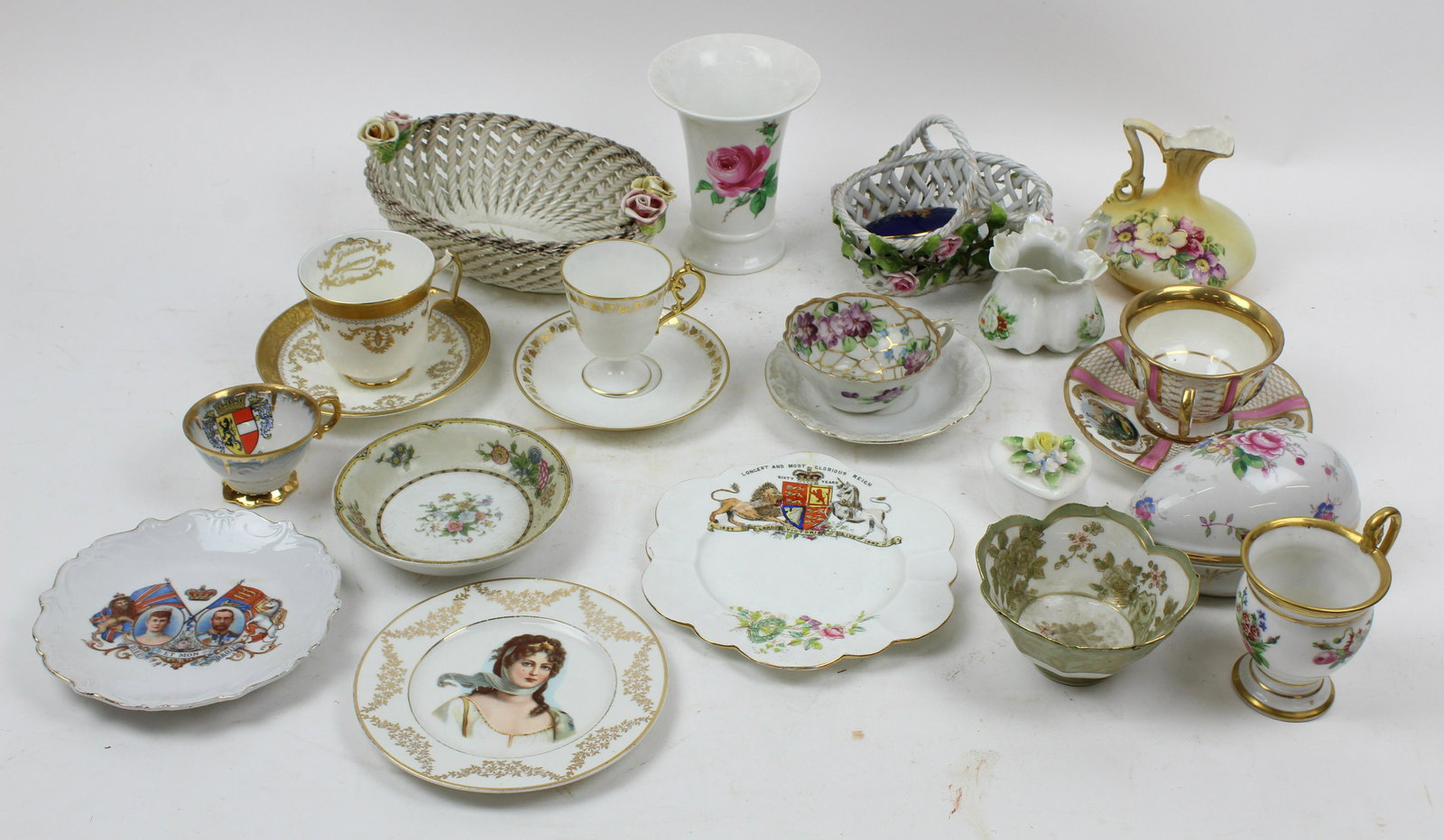 Group of Assorted Porcelain Incl. Meissen: Group of assorted European porcelain items including Meissen floral decorated vase, Sevres Chateau St. Cloud tea cup and saucer, fine scenic handpainted tea cup and saucer with KPM scepter mark, 2 spa