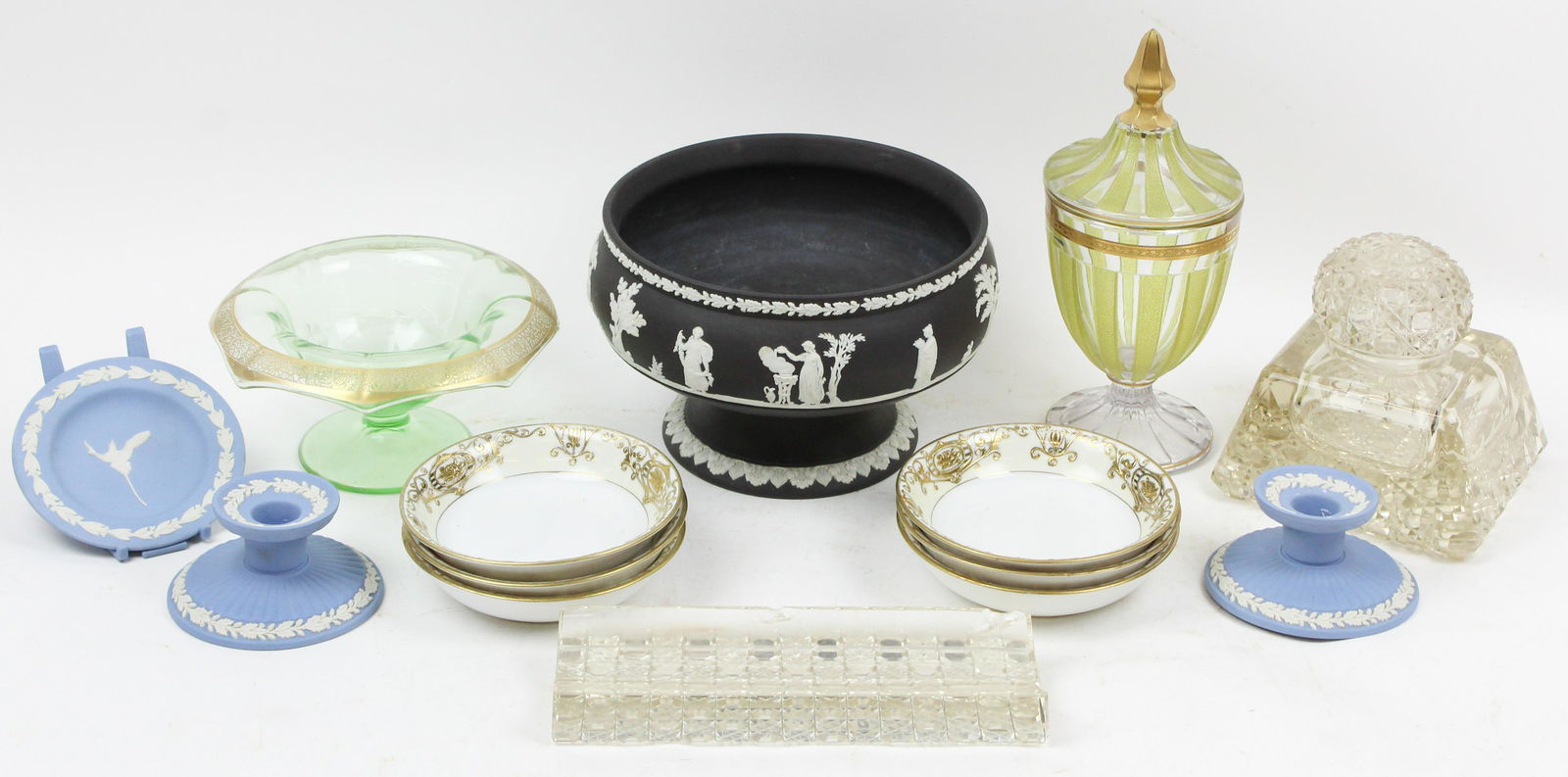 Wedgwood Jasperware and Glassware Items: Group of Wedgwood Jasperware including scarce black jasper footed centerpiece bowl, pair of candlesticks, 6 Noritake bowls, cut glass inkwell and pen tray (both significantly chipped), depression era