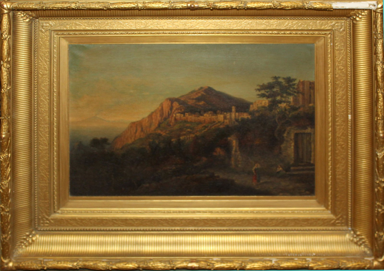George Loring Brown (AM 1814-1885) Sunrise Capri: George Loring Brown (American 1814-1885) Sunrise Island of Capri oil on canvas signed and identified reverse 18 x 24" some surface on canvas, might benefit from a cleaning. Loss to frame