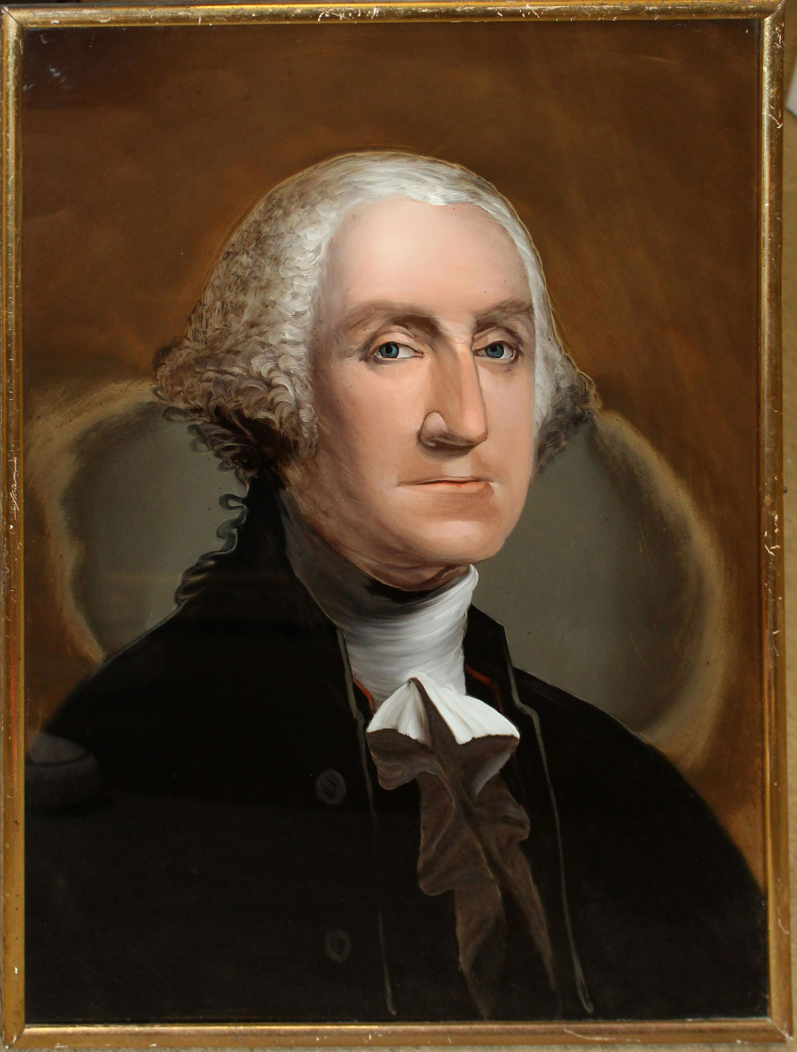 19th c Egliomise Portrait of Washington: 19th c Reverse painting on glass of George Washington after Gilbert Stuart's "Atheneum" Portrait 24 x 18"