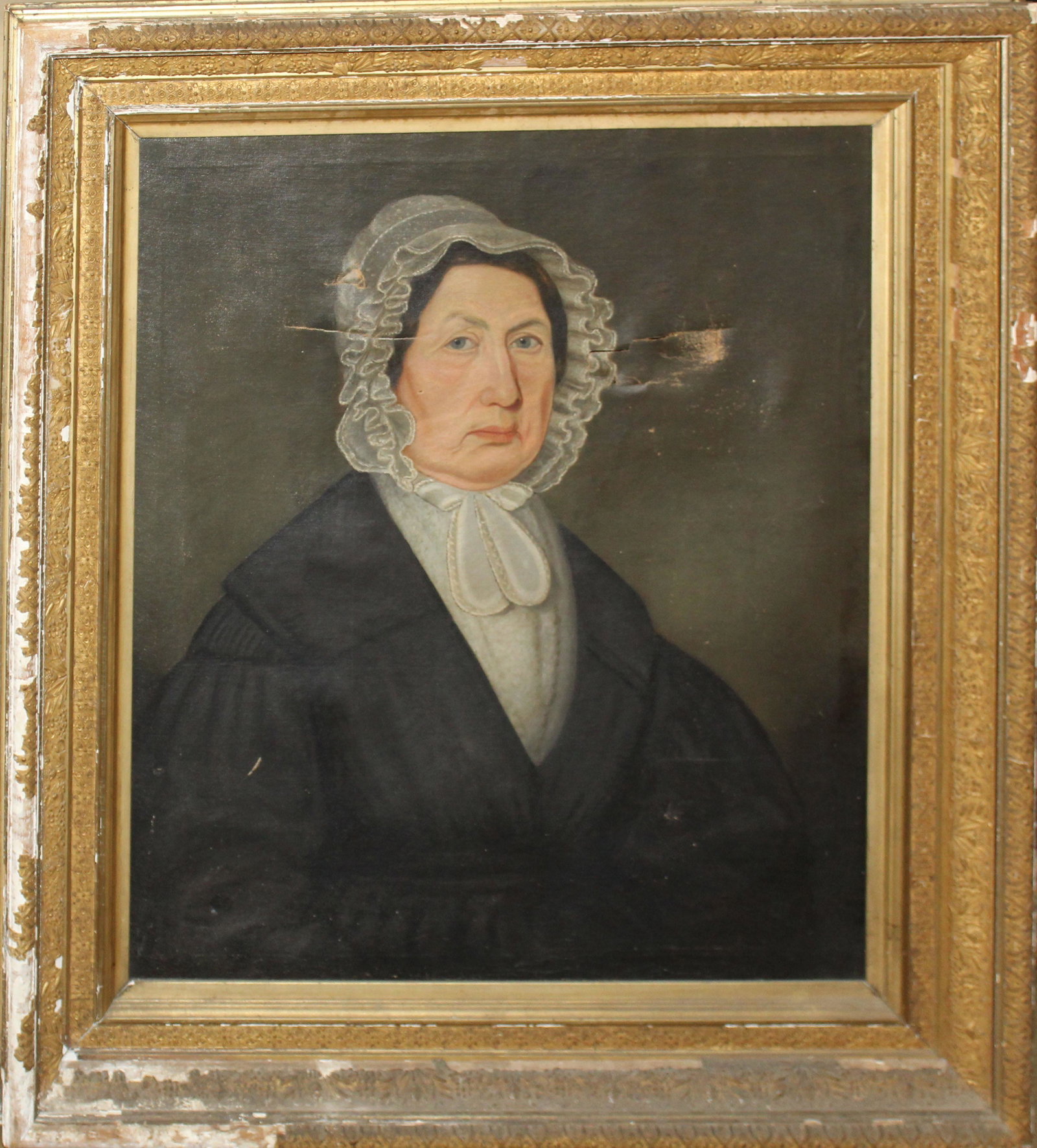 1841 Portrait of Lucy Kingsland: 1841 Portrait of Lucy Kingsland signed and identified reverse aged 66 years. Tears and minor losses inexpertly preserved with tape. 30 x 24"
