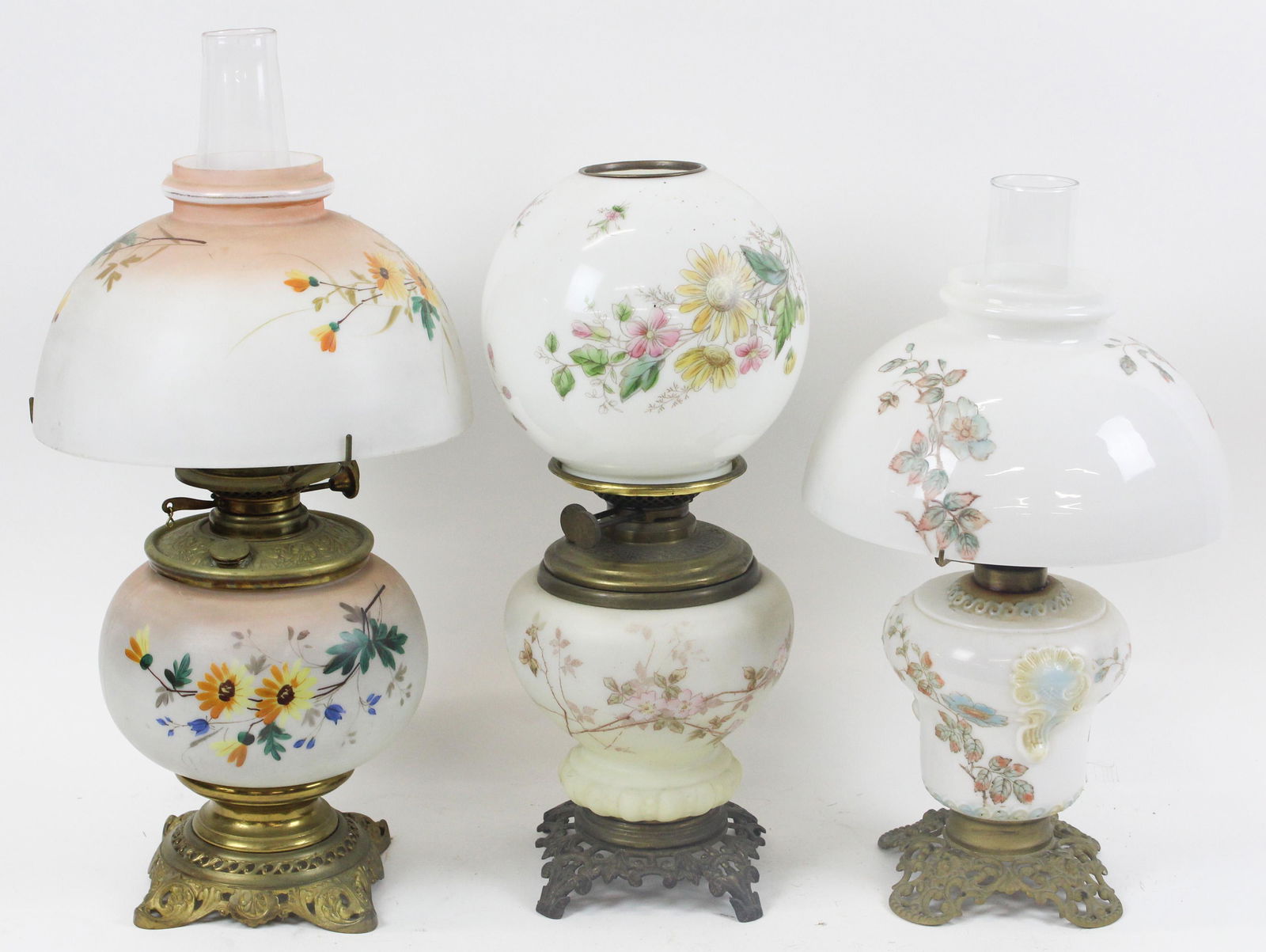 Group of 3 Victorian Floral Decorated Oil Lamps (1 of 3)