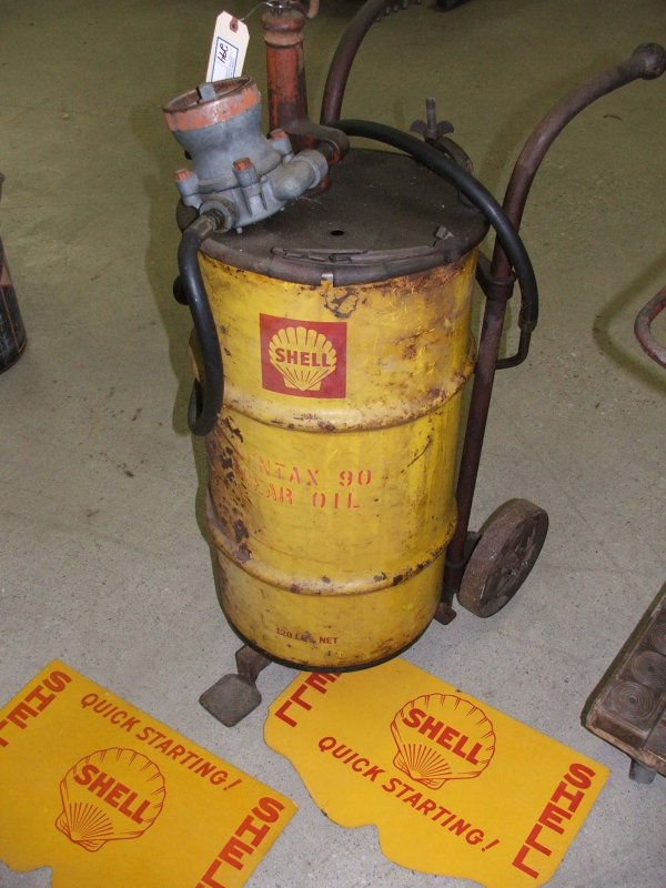 Bennett automotive hand crank oil barrel pump w/ g: Bennett automotive hand crank oil barrel pump w/ guage, Shell Oil barrel, & cart