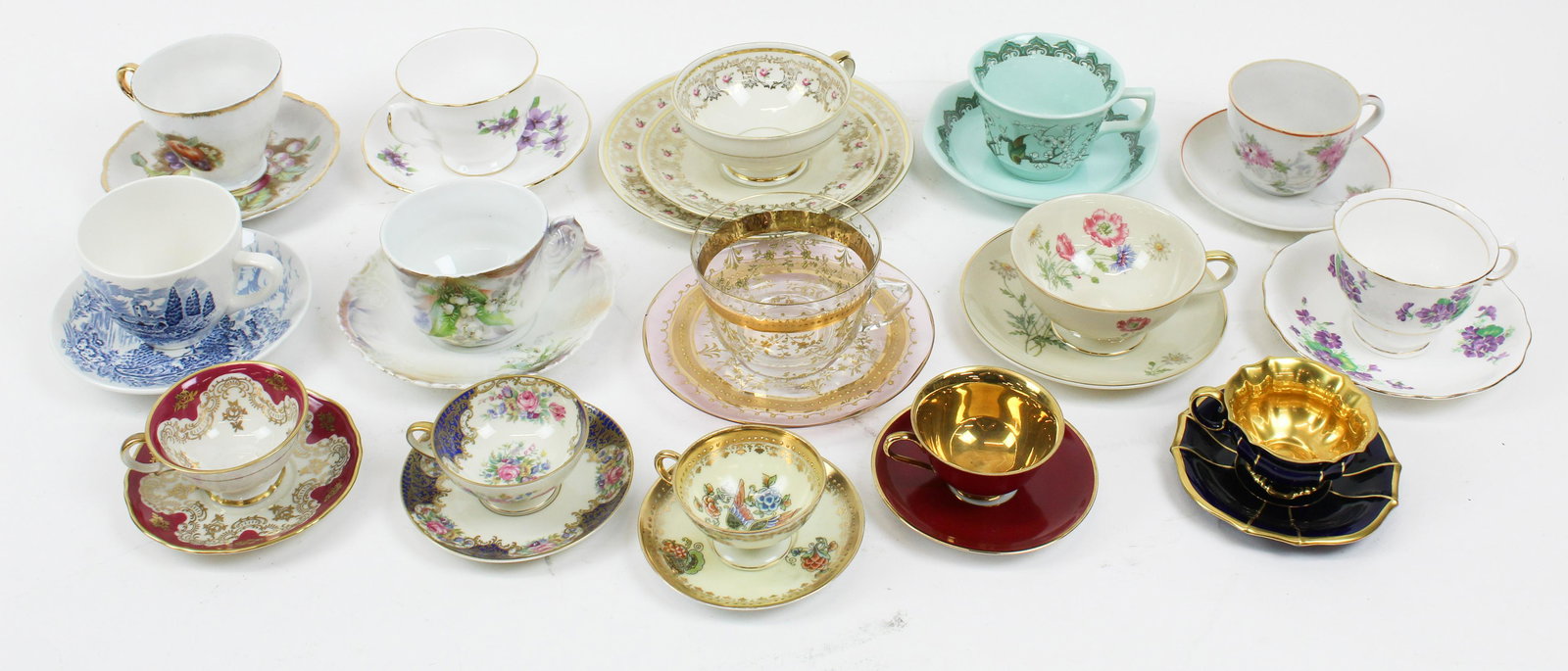 Collection of 15 Tea Cup and Saucer Sets: Collection of 15 tea cup and saucer sets including enameled Bohemian glass, Adams Calyx Ware, gold encrusted demitasse, English bone china, etc.