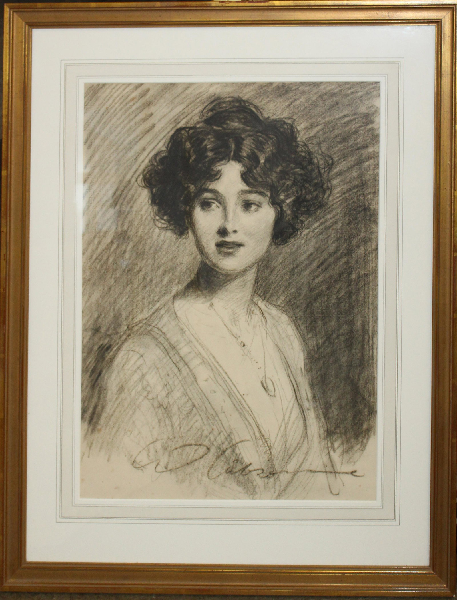 Charles Dana Gibson (AM 1867-1944): Charles Dana Gibson ( American 1867- 1944) Portrait of Ms. Kirkpatrick charcoal on paper signed lower. Descending in sitter's family 22 x 16"