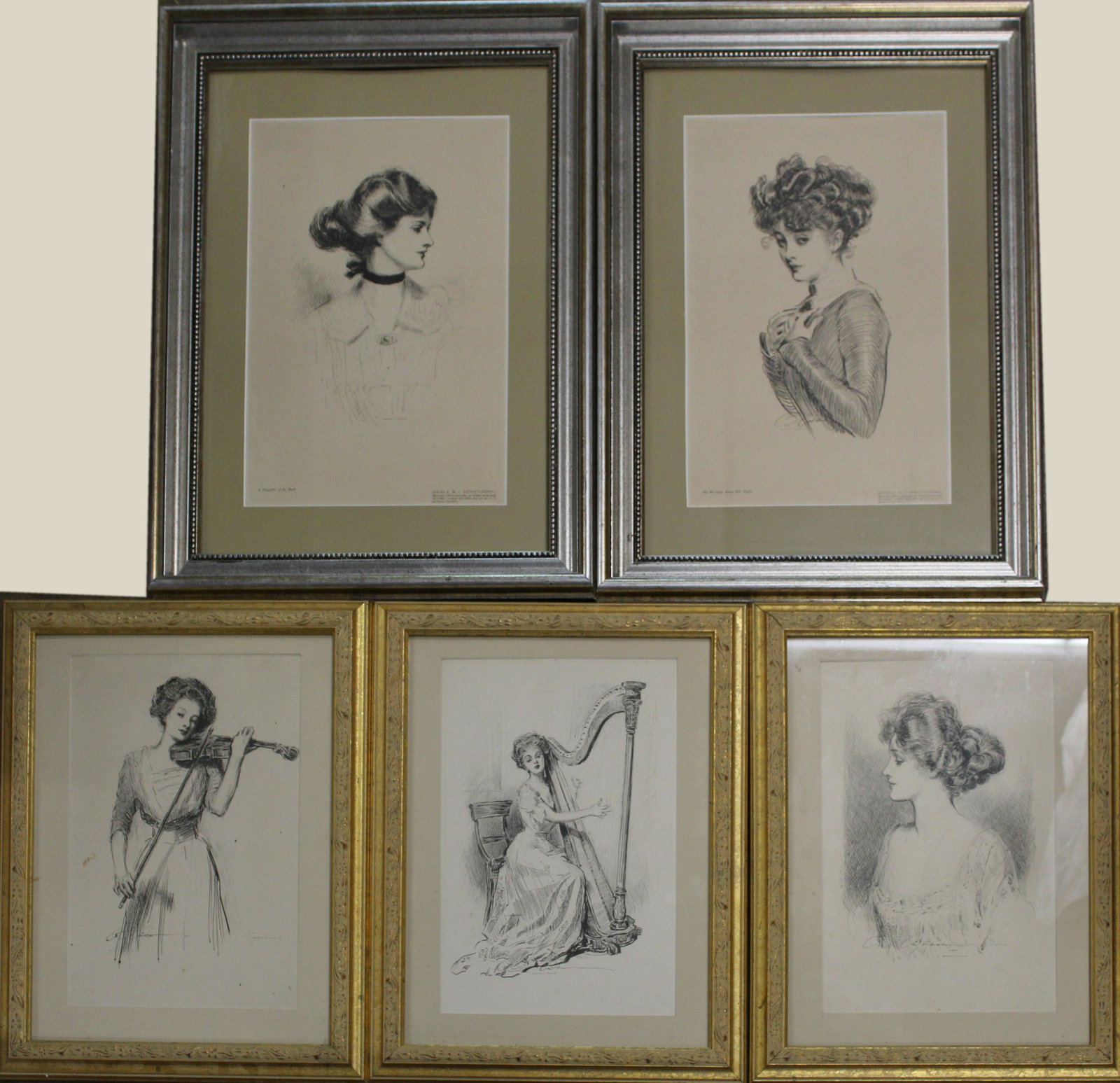 Charles Dana Gibson (AM 1867-1944): Charles Dana Gibson (American 1867-1944) Five lithographs published 1909 by Collier 14 x 10 each in attractive modern frames.