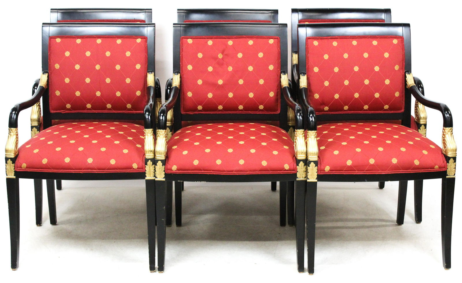 Set of 6 Ethan Allen Italian Regency Armchairs: Set of Six Ethan Allen Italian Regency armchairs in black lacquer with gilt dolphin decoration - Red damask upholstery in excellent condition. 36 x 24 x 21" minor scuffs and wear to legs.