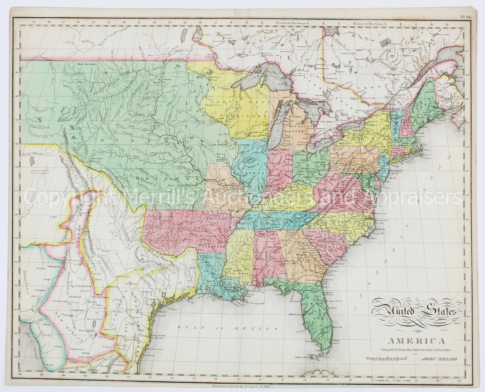 1821 Mellish map of the United States of America: 1821 John Mellish/ Carey & Sons map of the "United States of America", hand-colored map, margins cut, edge stains, 16 3/4" x 21 1/4"