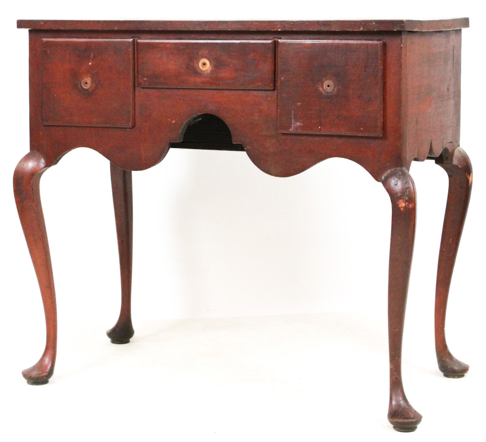 Queen Anne Highboy Base: 18th c Queen Anne Highboy Base 3 drawers, maple cabriole leg with pad foot. All in old red paint. Pine top from early 19th century chestnut secondary. Base sans top is 20.5" 36.5" and 35" high.