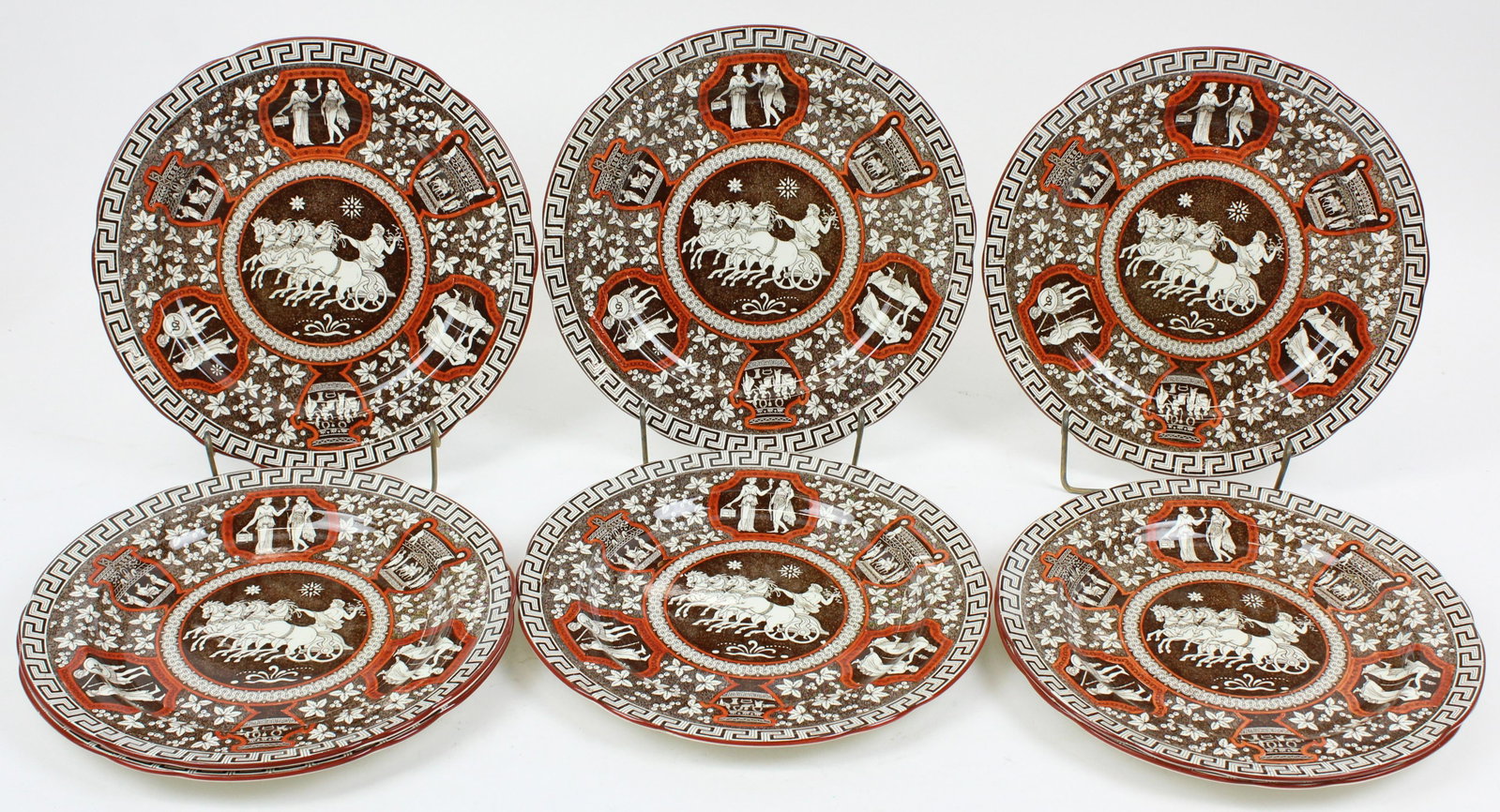 8 Copeland Spode Greek Transferware Plates: Set of 8 Copeland Spode "Greek" pattern transfer decorated dinner plates with elaborately detailed scenes from antiquity, Grecian pottery urns, framed in Greek key border in scarce brown and rust tone