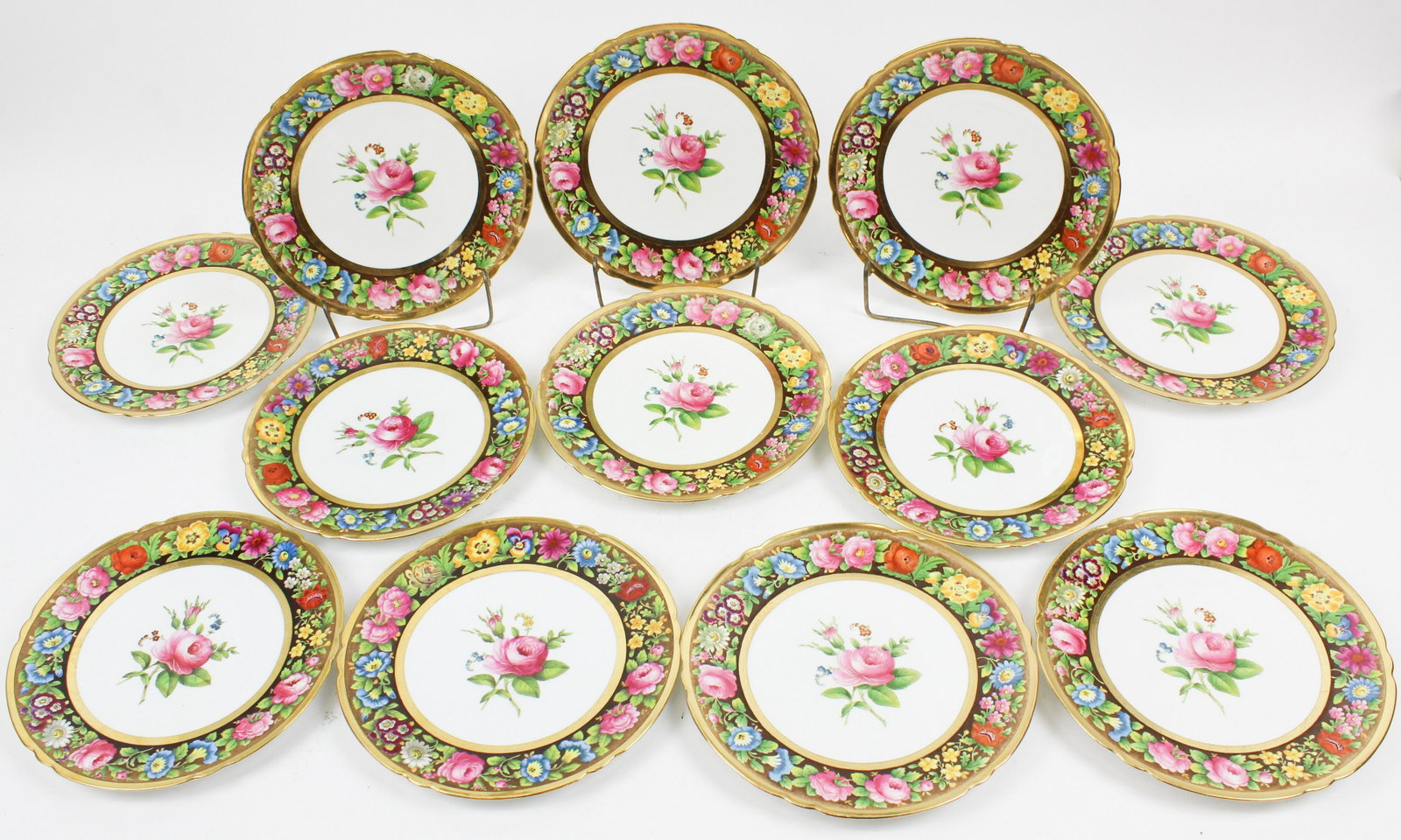 12 Spode Gilded Floral Decorated Dinner Plates: Set of 12 fine Spode English bone china porcelain dinner plates with richly gilded wide band handpainted floral border, retailed by Gilman Collamore & Co. NYC 9.25" dia. -sold to benefit the Brattlebo
