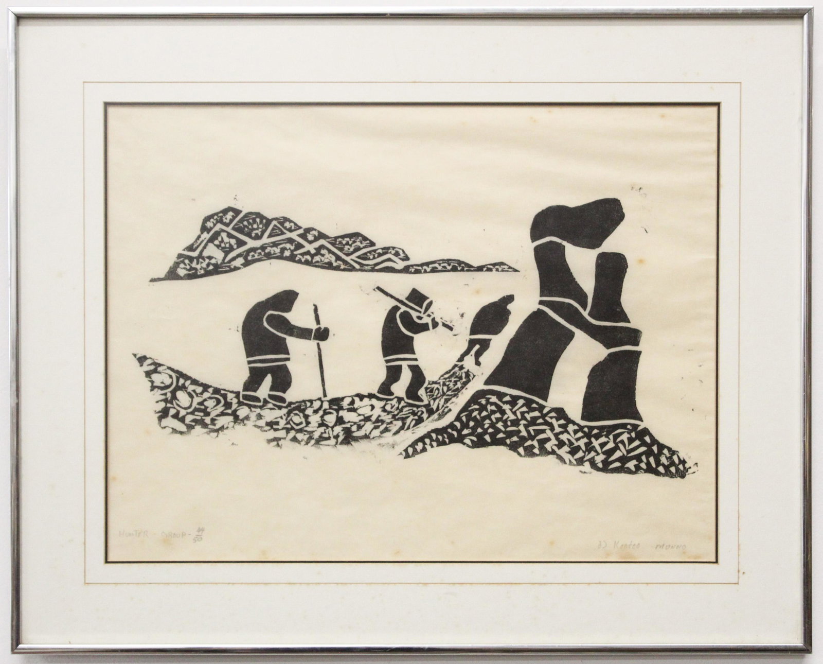 Kootoo Munno Cape Dorset Inuit Print: Signed Kootoo Munno Cape Dorset Inuit print, 44/ 50, framed in museum glass, few light stains, sight 15" x 20"