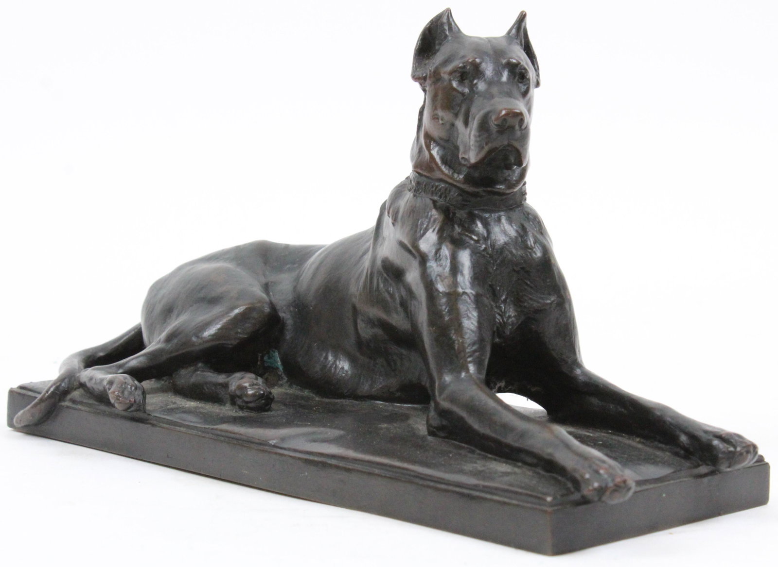 Georges Gardet Bronze Great Dane: Georges Gardet (French 1863- 1939) signed bronze sculpture of a Great Dane, height 5", length 9", ex Iris Love
