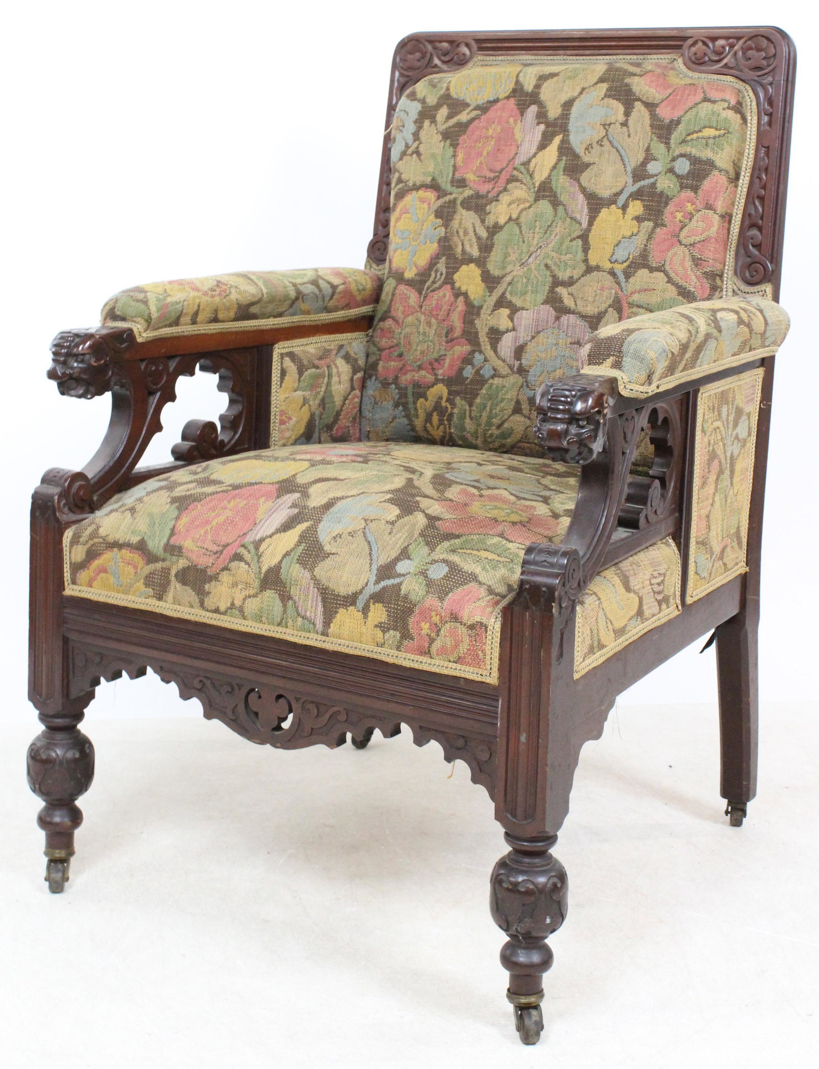 Gothic Revival Armchair with: late 19th c Gothic Revival Armchair with figural carved arms 28 x 26 x 39"