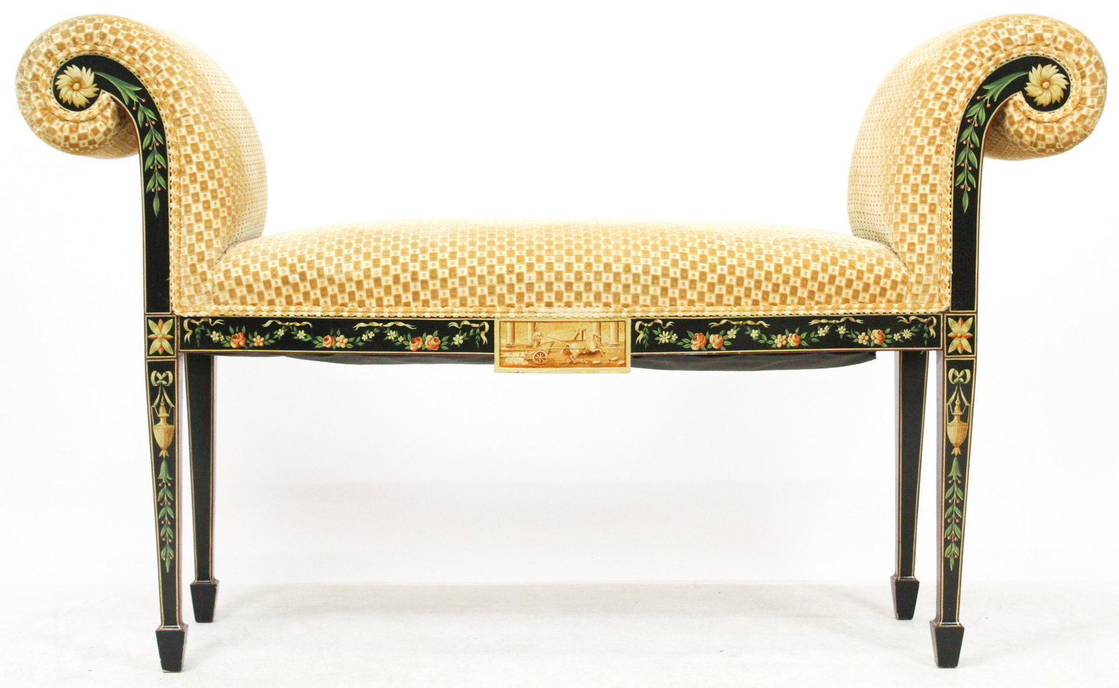 20th c Empire revival window seat: 20th c Empire revival window seat with neo-classical scenes painted on black lacquer 48 x 28 x 17"