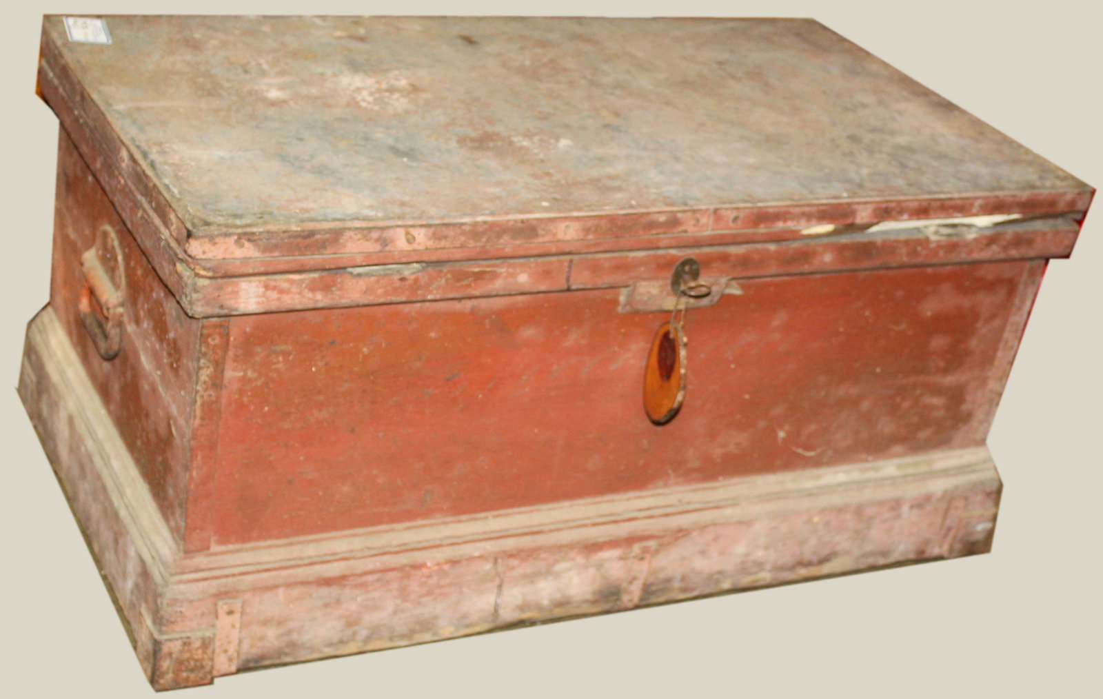 Late 19th c Tool Chest: Late 19th c Tool chest in red paint, with iron handles and hardware, some old tools within. 20 x 18 x 37"- Sold to benefit Brattleboro Area Hospice.