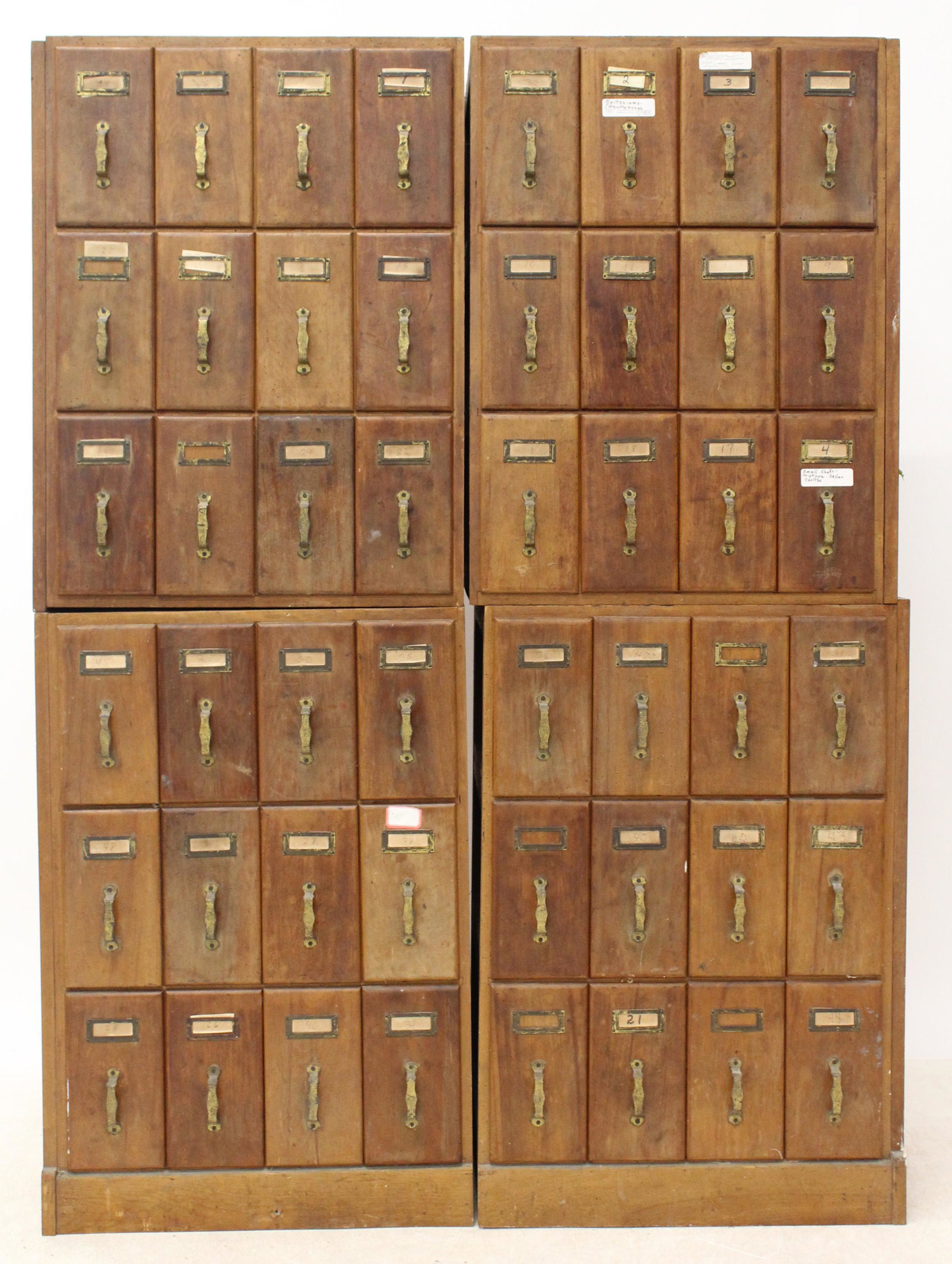 Four section Vertical File: Early 20th c Vertical file with paneled sides, 12 drawer sections, in birch with pine secondary 55 x 70" assembled each section approx 25 x 34 x 19" - Sold to benefit Brattleboro area hospice
