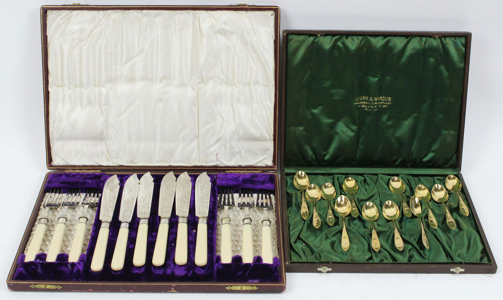 Cased Fruit Serving Set and Demitasse Spoons: 12 Primans Swedish vermeil gold wash demitasse spoons and Sheffield silver plated dessert set with celluloid handles, both in elaborate silk lined fitted leather presentation cases 8.5" x 11", 12" x 1